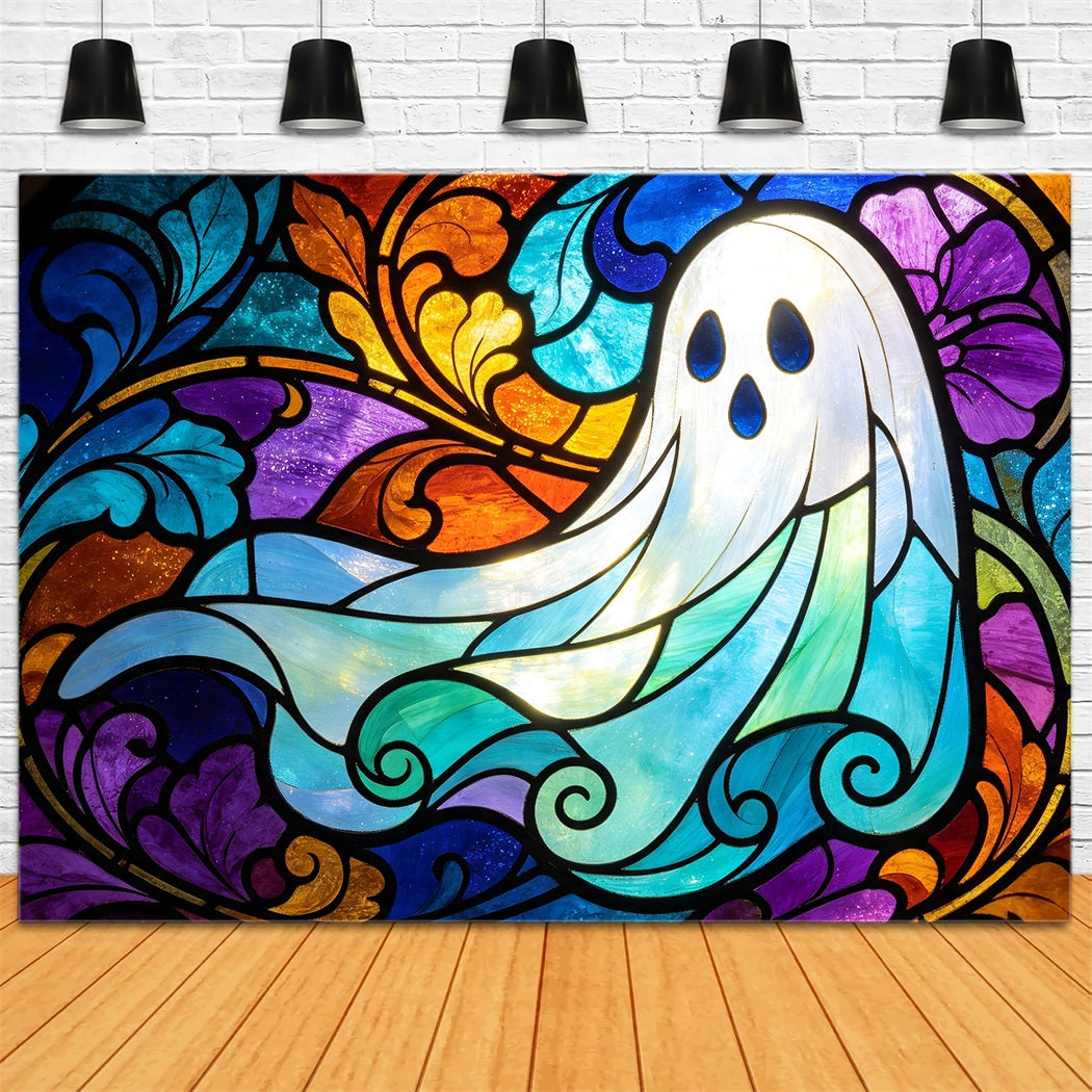 Ghost Stained Glass Backdrop Tapestry Colorful Window Garage Door Halloween Backdrop GQ67-109