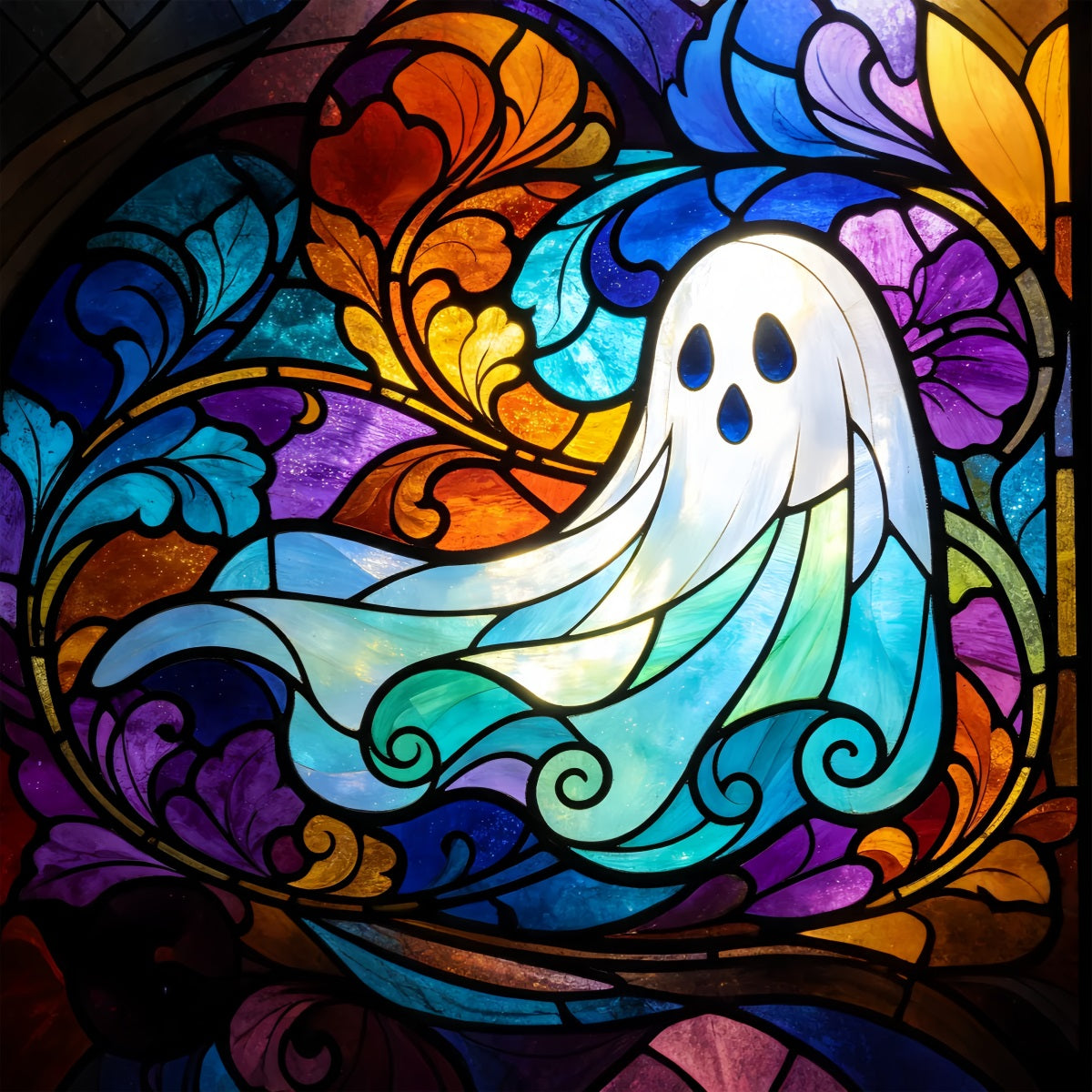 Ghost Stained Glass Backdrop Tapestry Colorful Window Garage Door Halloween Backdrop GQ67-109