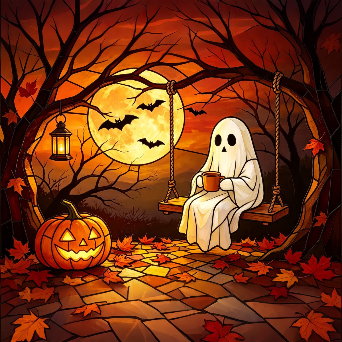 Backdrop Ghost Stained Glass Cozy Moonlit Pumpkin Swing Halloween Photobooth Backdrop GQ67-111