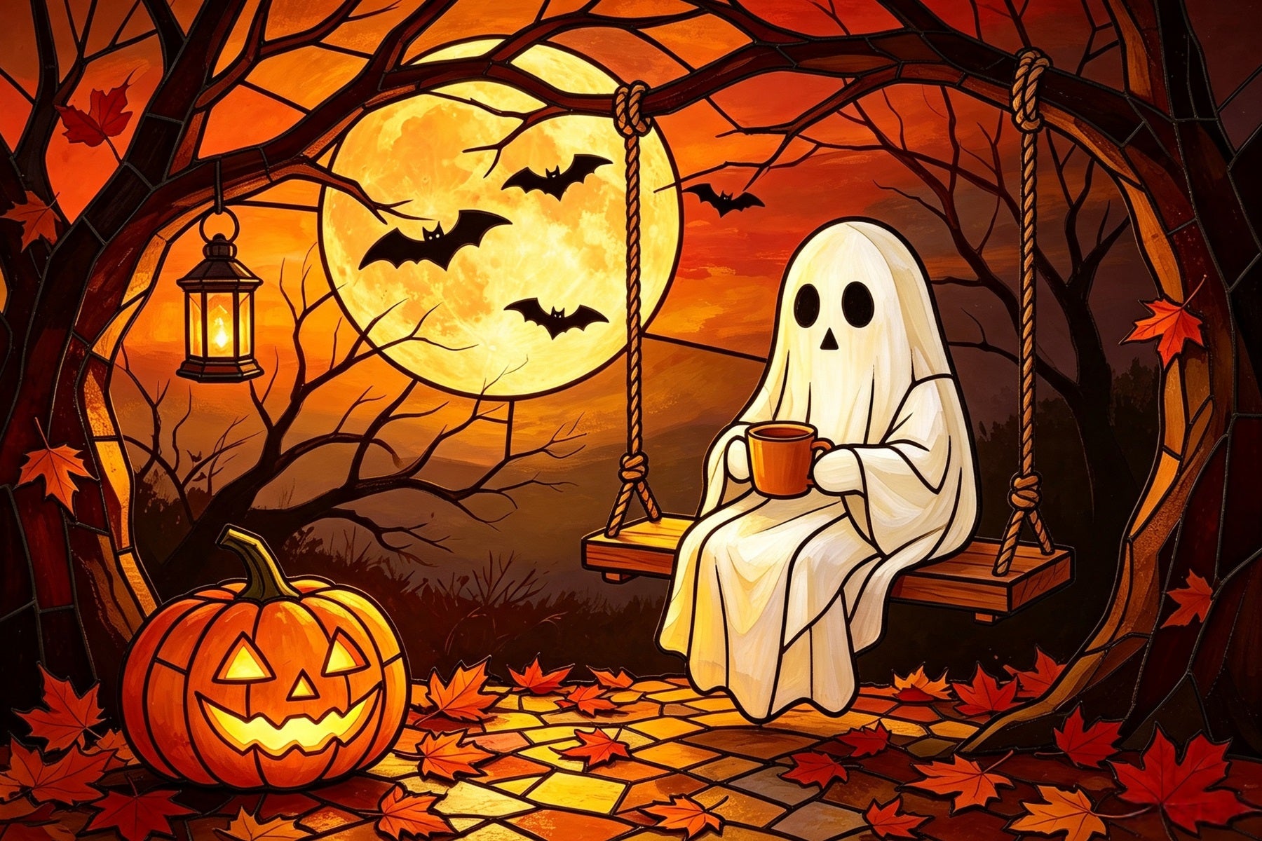 Backdrop Ghost Stained Glass Cozy Moonlit Pumpkin Swing Halloween Photobooth Backdrop GQ67-111
