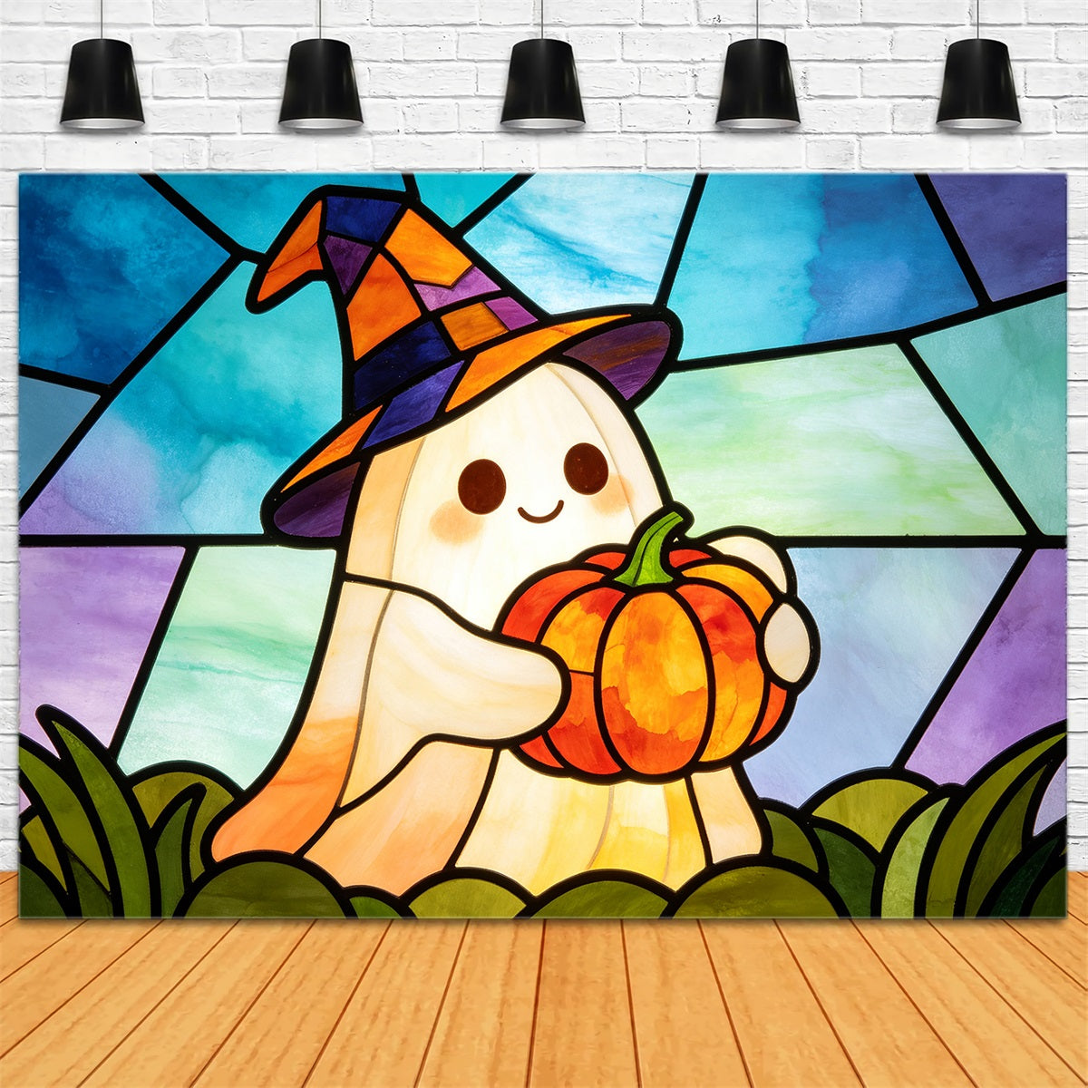 Stained Glass Backdrop Tapestry Ghost Cute Witch Ghost Pumpkin Halloween Selfie Backdrop GQ67-112