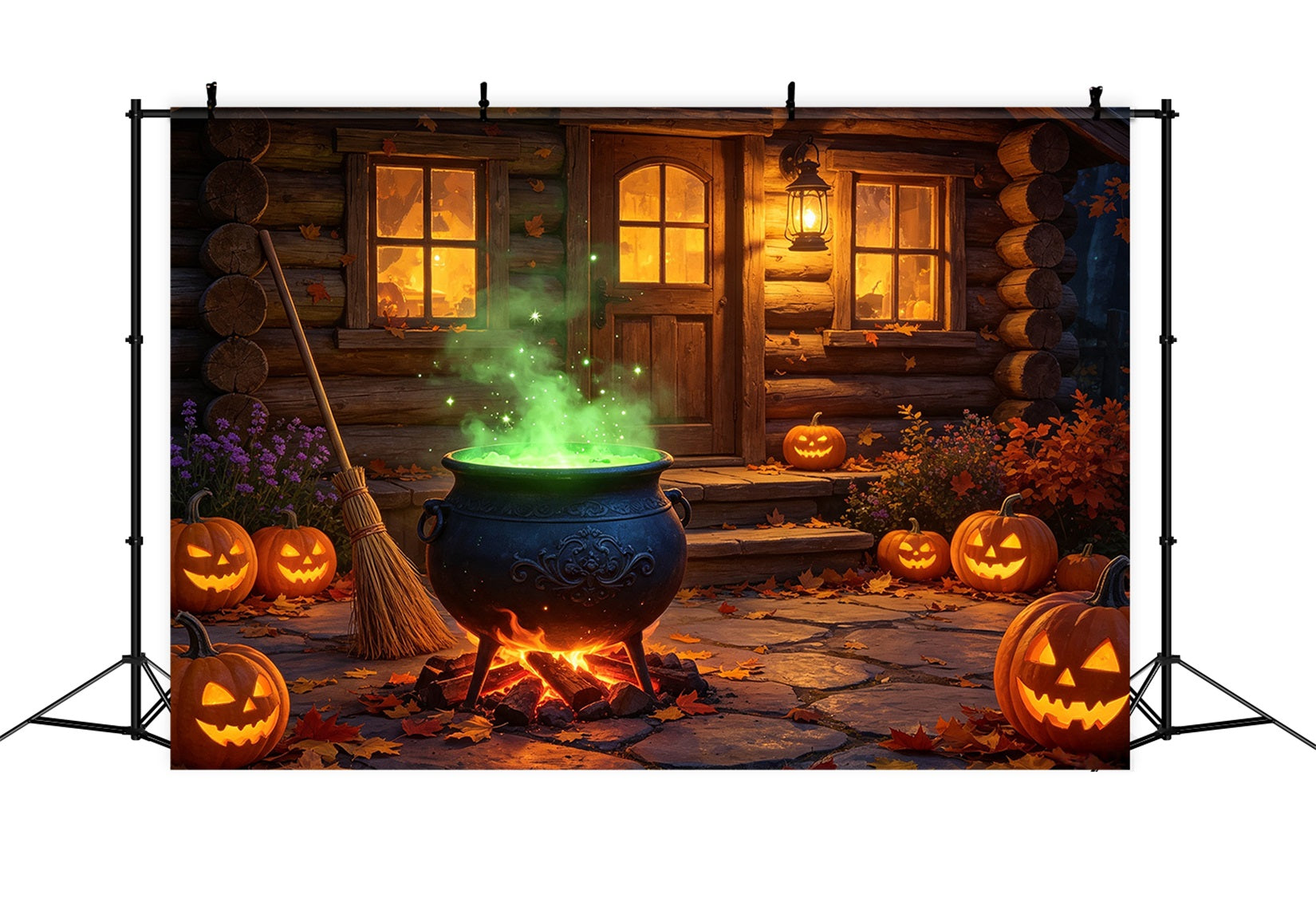 Witches Kitchen Backdrop Banner Glowing Cauldron Cabin Porch Best Halloween Backdrops GQ67-113