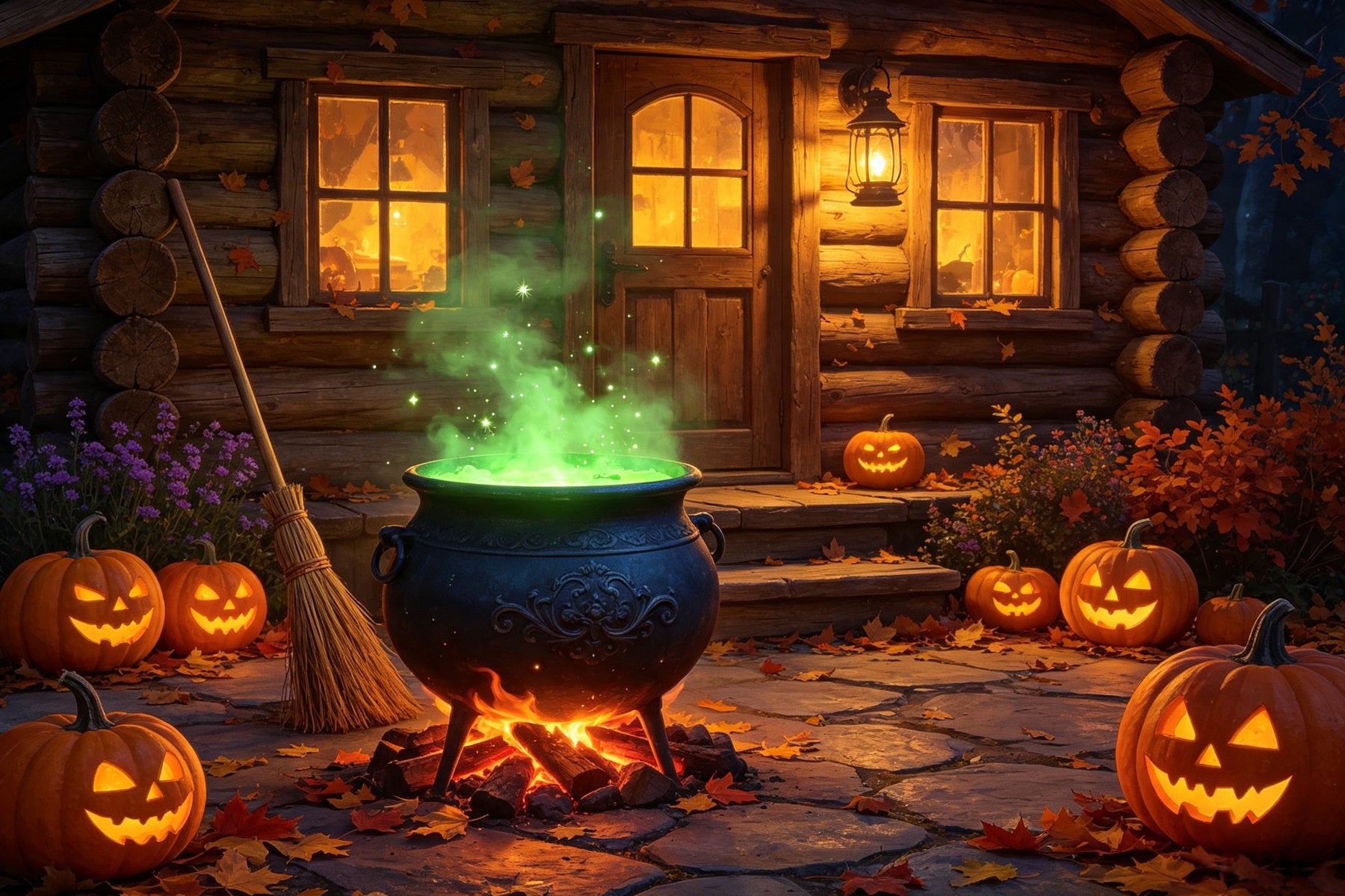 Witches Kitchen Backdrop Banner Glowing Cauldron Cabin Porch Best Halloween Backdrops GQ67-113