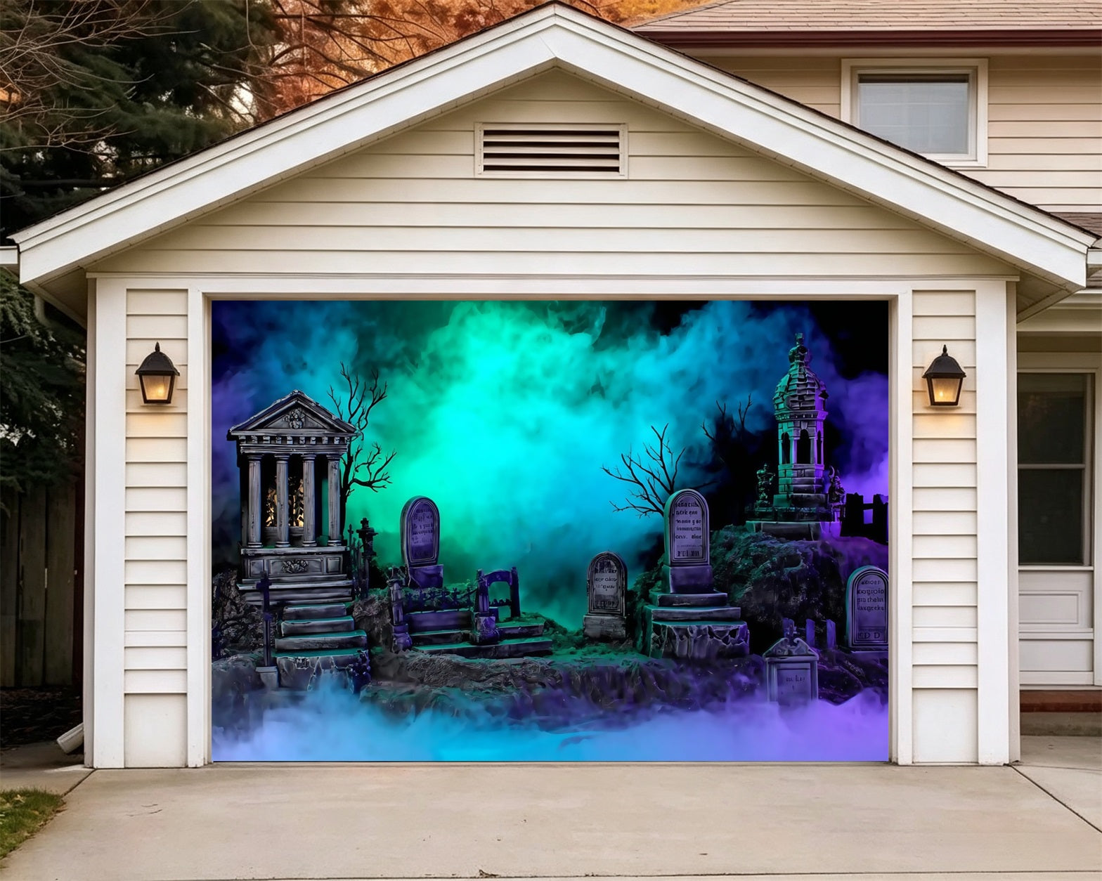 Halloween Garage Door Cover Neon Mist Graveyard Ruins Backdrop GQ67-12-1 car
