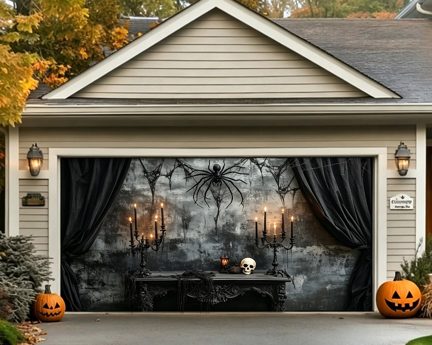 Halloween Backdrop Spider Skull Candle Chamber Two Car Garage Door Cover GQ67-15-2 car