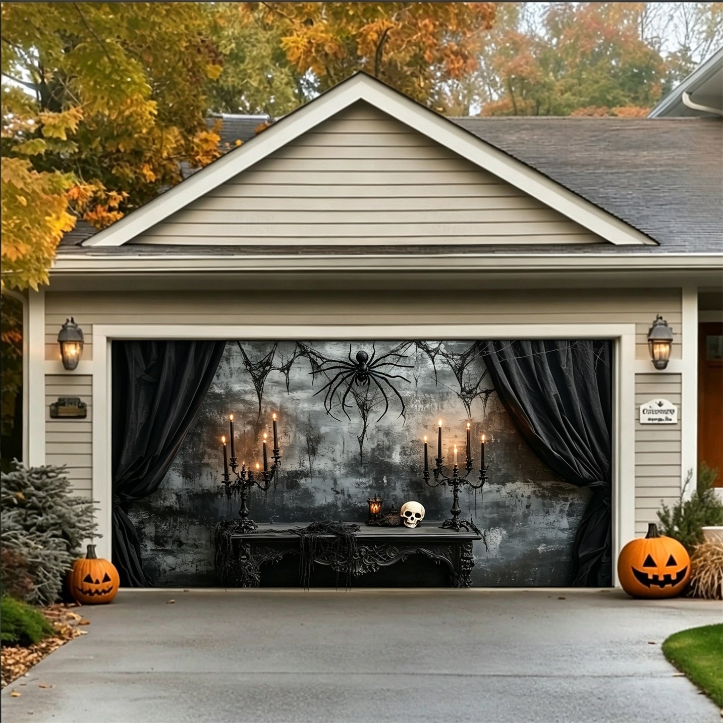 Halloween Backdrop Spider Skull Candle Chamber Two Car Garage Door Cover GQ67-15