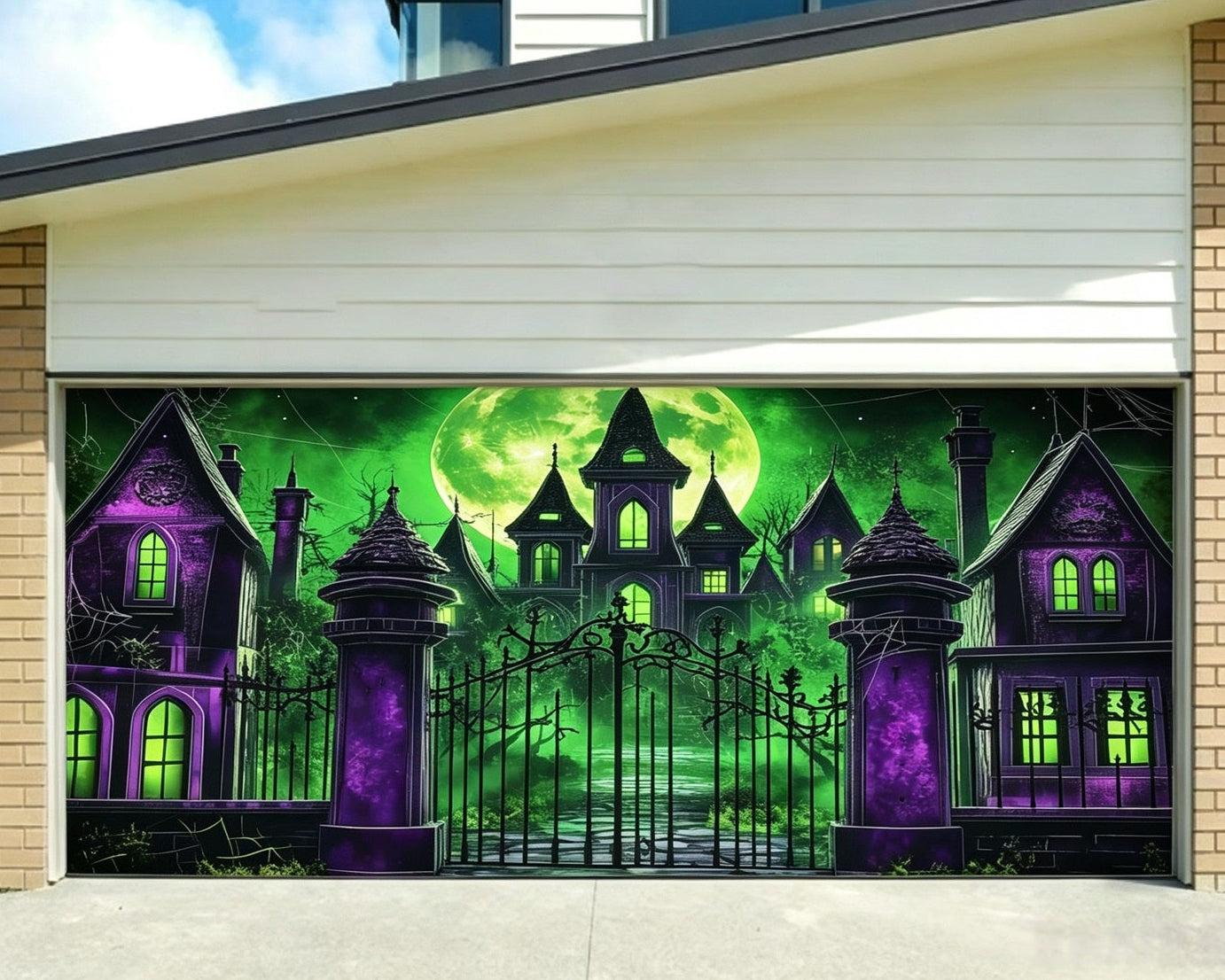 Halloween Green Moon Haunted Manor Backdrop Halloween Garage Door Decor GQ67-17-2 car
