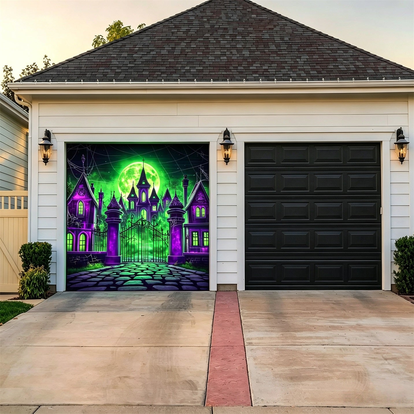 Halloween Green Moon Haunted Manor Backdrop Halloween Garage Door Decor GQ67-17