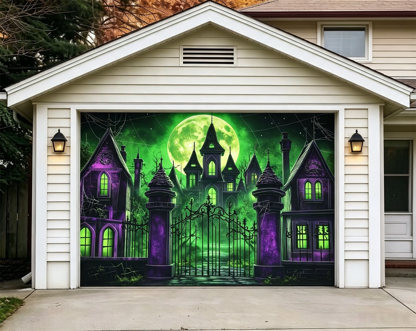 Halloween Green Moon Haunted Manor Backdrop Halloween Garage Door Decor GQ67-17-1 car