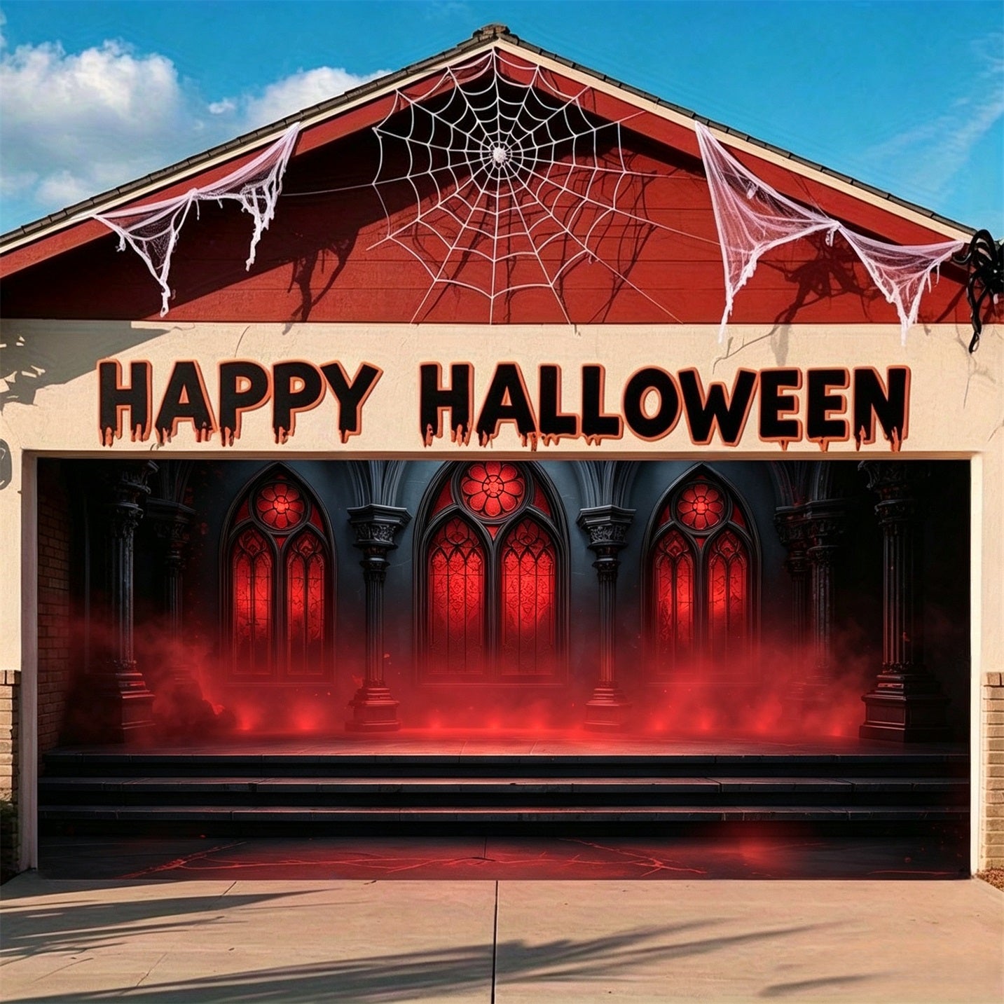 Halloween Crimson Fog Cathedral Window Backdrop Halloween Garage Decor GQ67-19