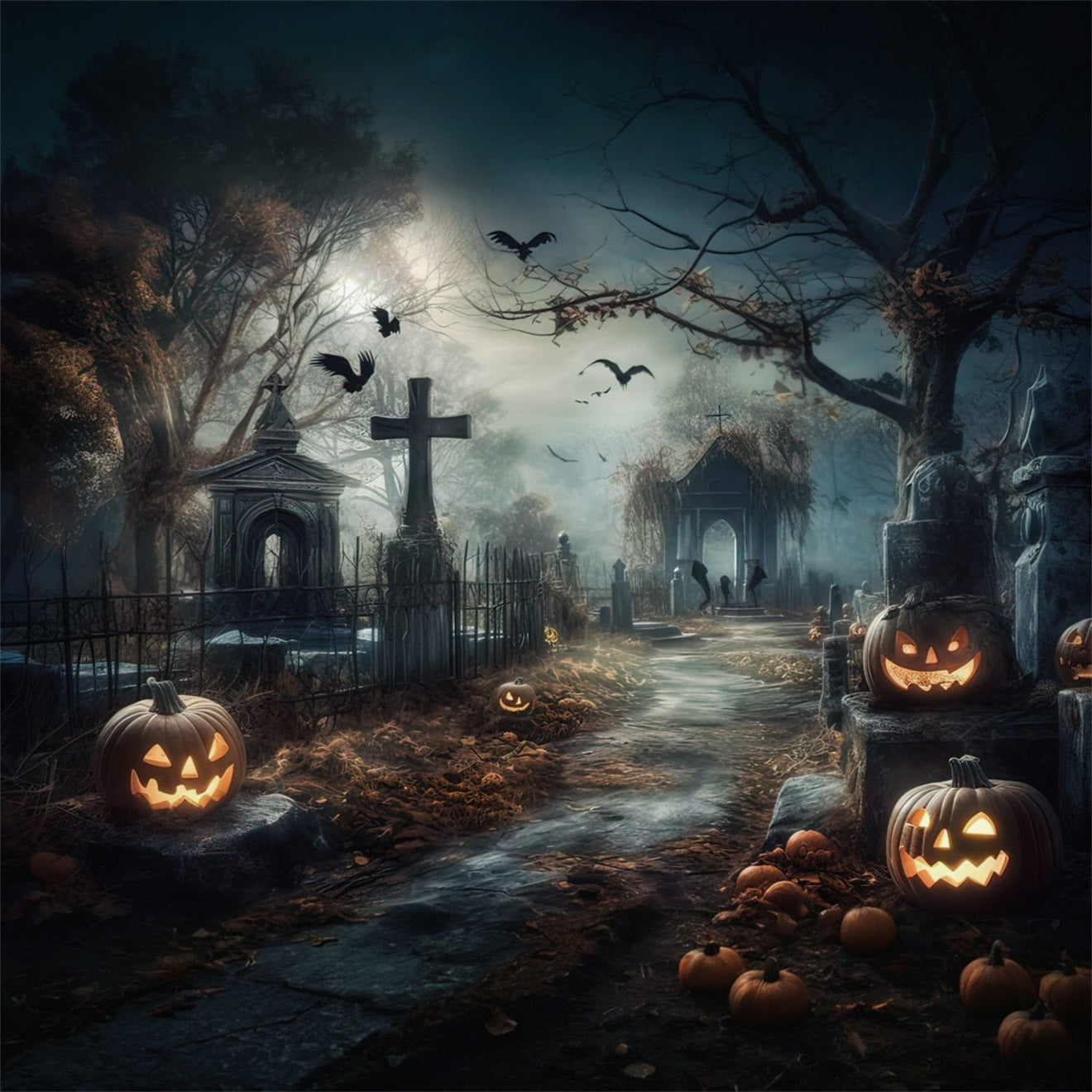 Halloween Foggy Pumpkin Graveyard Path Backdrop House Garage Decorations GQ67-21