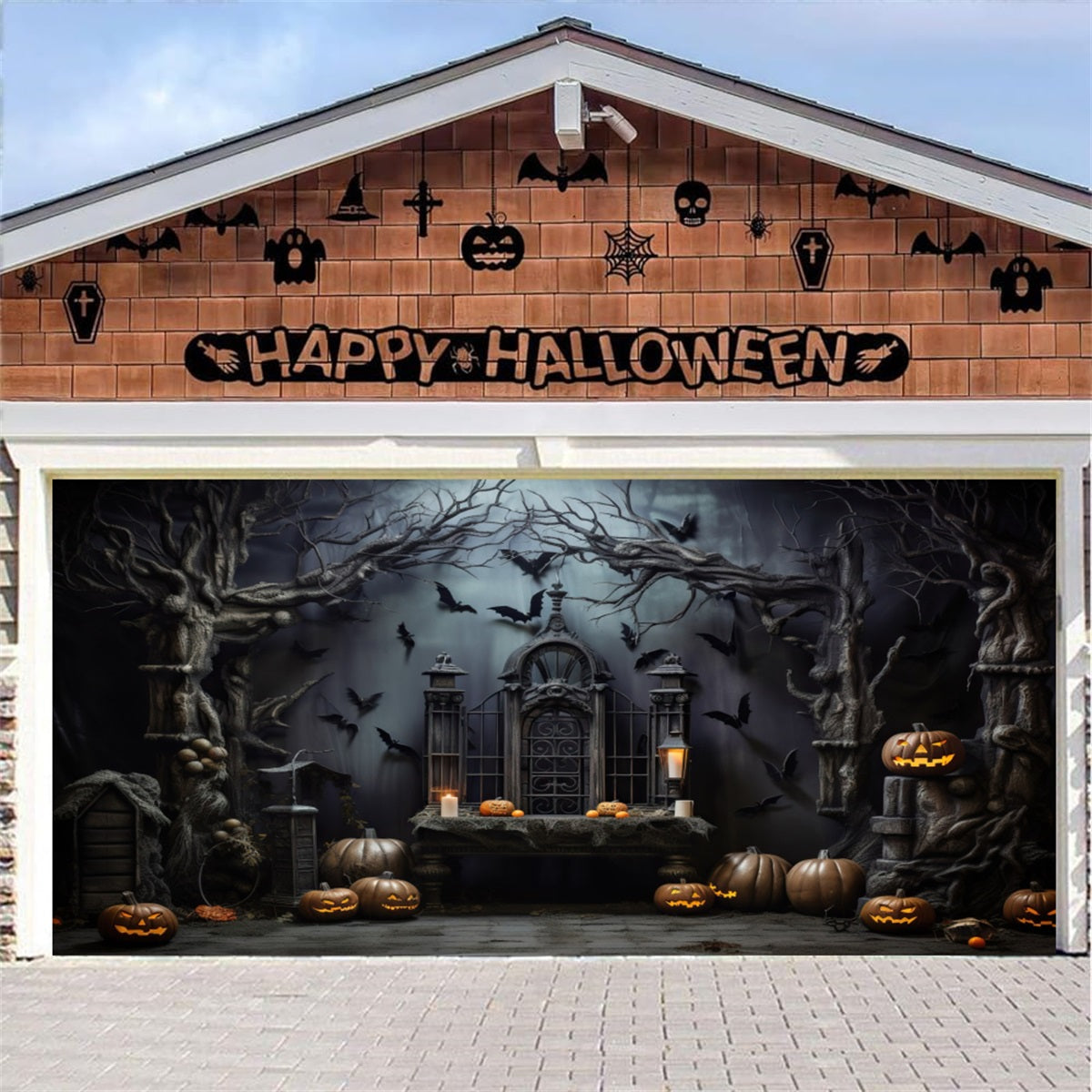 Halloween Bat Pumpkin Gothic Altar Spooky Backdrop Halloween Garage Door Decor GQ67-22