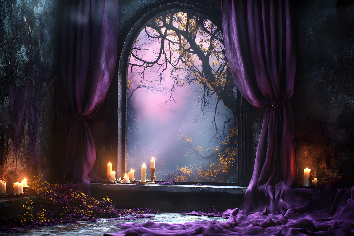 Halloween Forest Backdrop Purple Candle Gothic Window Halloween Garage Door Banner GQ67-23