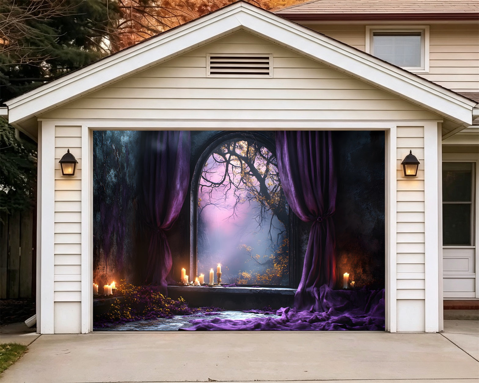 Halloween Forest Backdrop Purple Candle Gothic Window Halloween Garage Door Banner GQ67-23-1 car