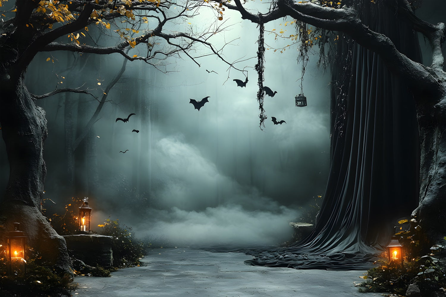 Halloween Backdrop Foggy Lantern Draped Forest Halloween Garage Door Decor GQ67-24