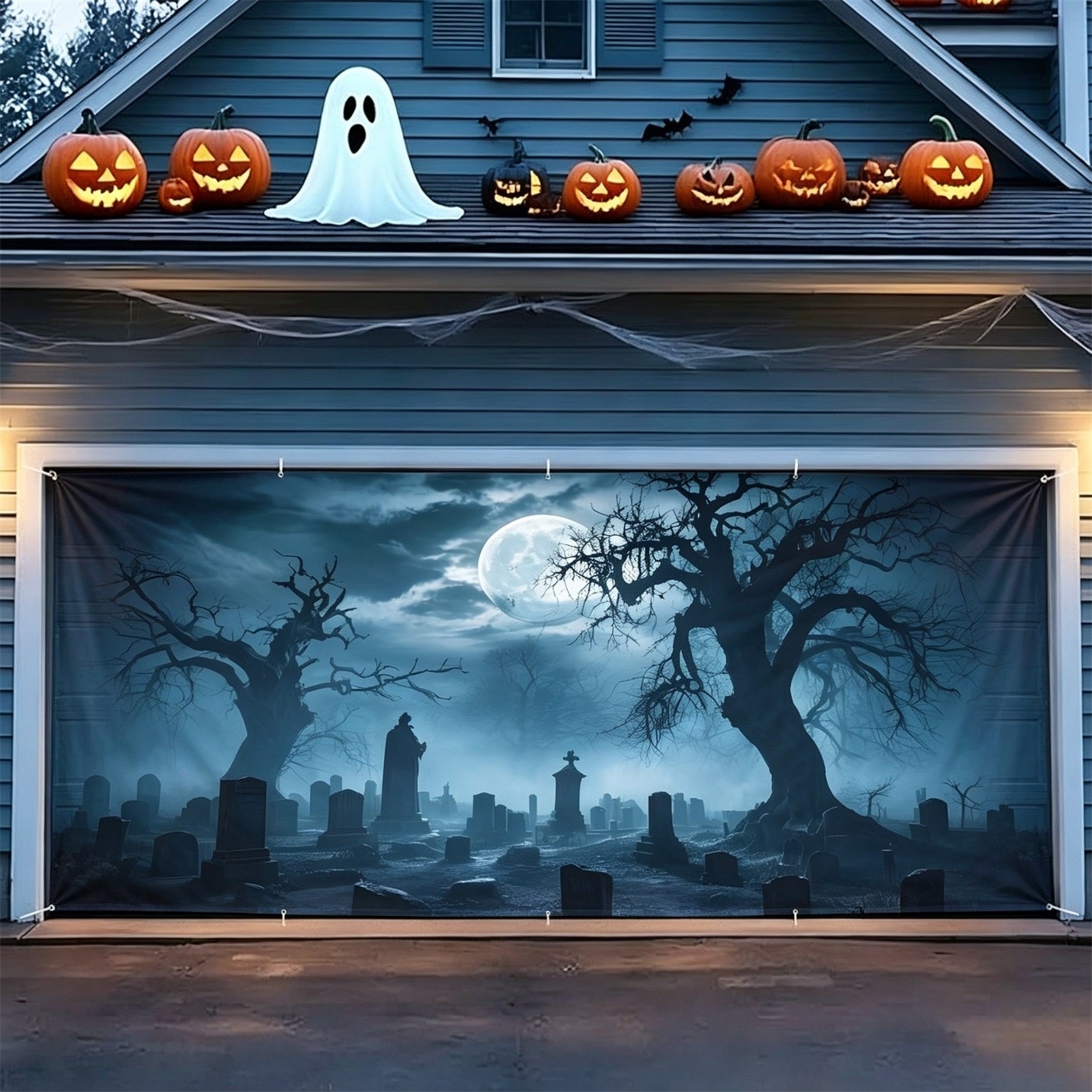 Halloween Moonlit Cemetery Twisted Trees Backdrop Outdoor Party Decor GQ67-26