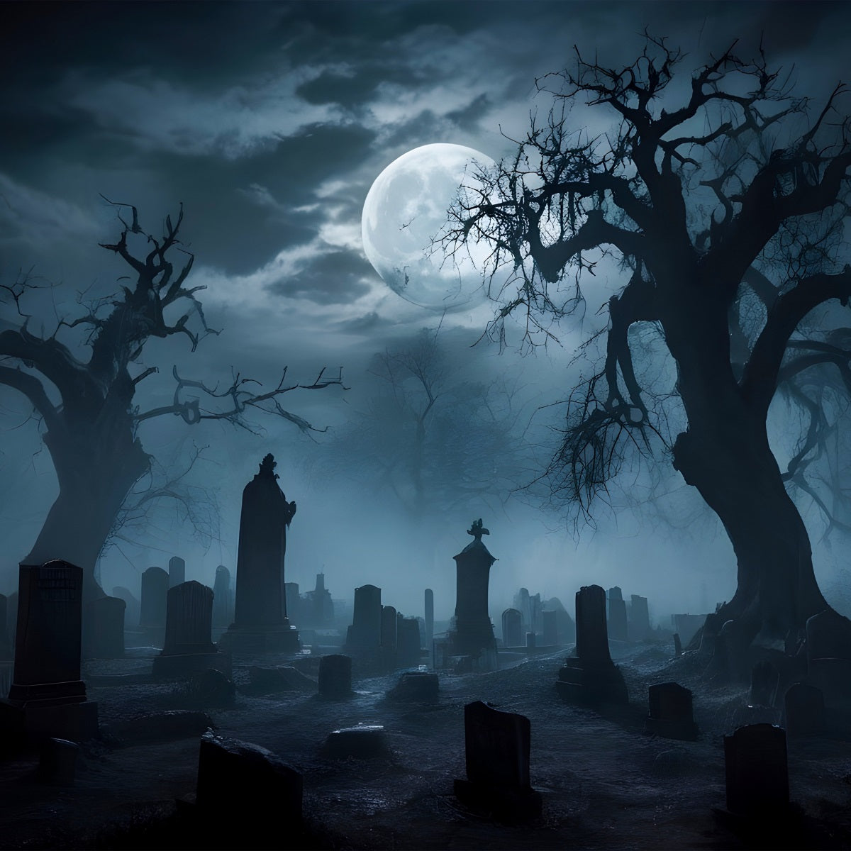 Halloween Moonlit Cemetery Twisted Trees Backdrop Outdoor Party Decor GQ67-26