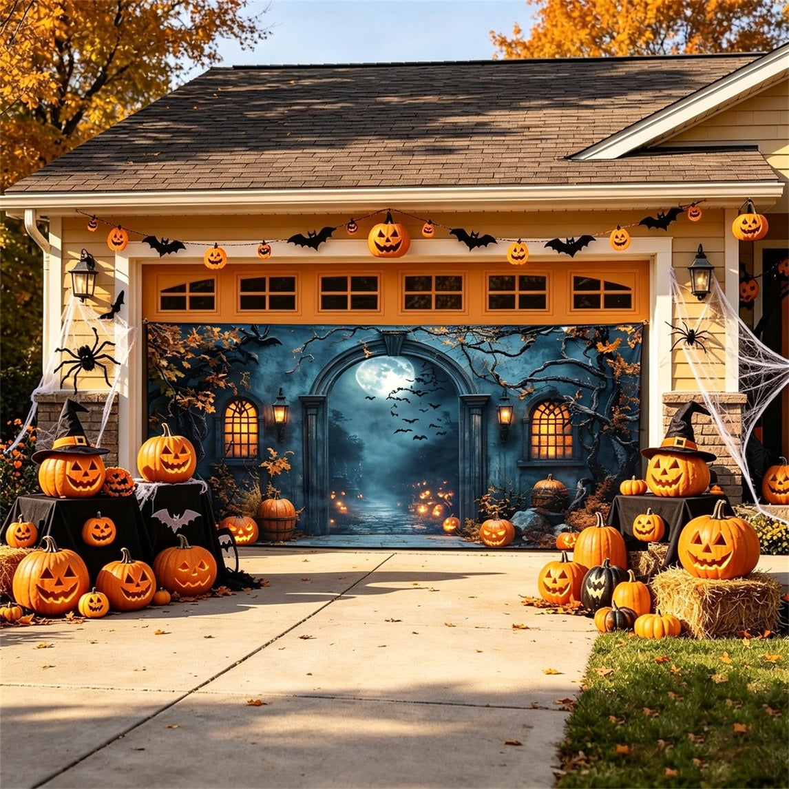 Spooky Halloween Moonlit Haunted Gate Garage Door Backdrop GQ67-30