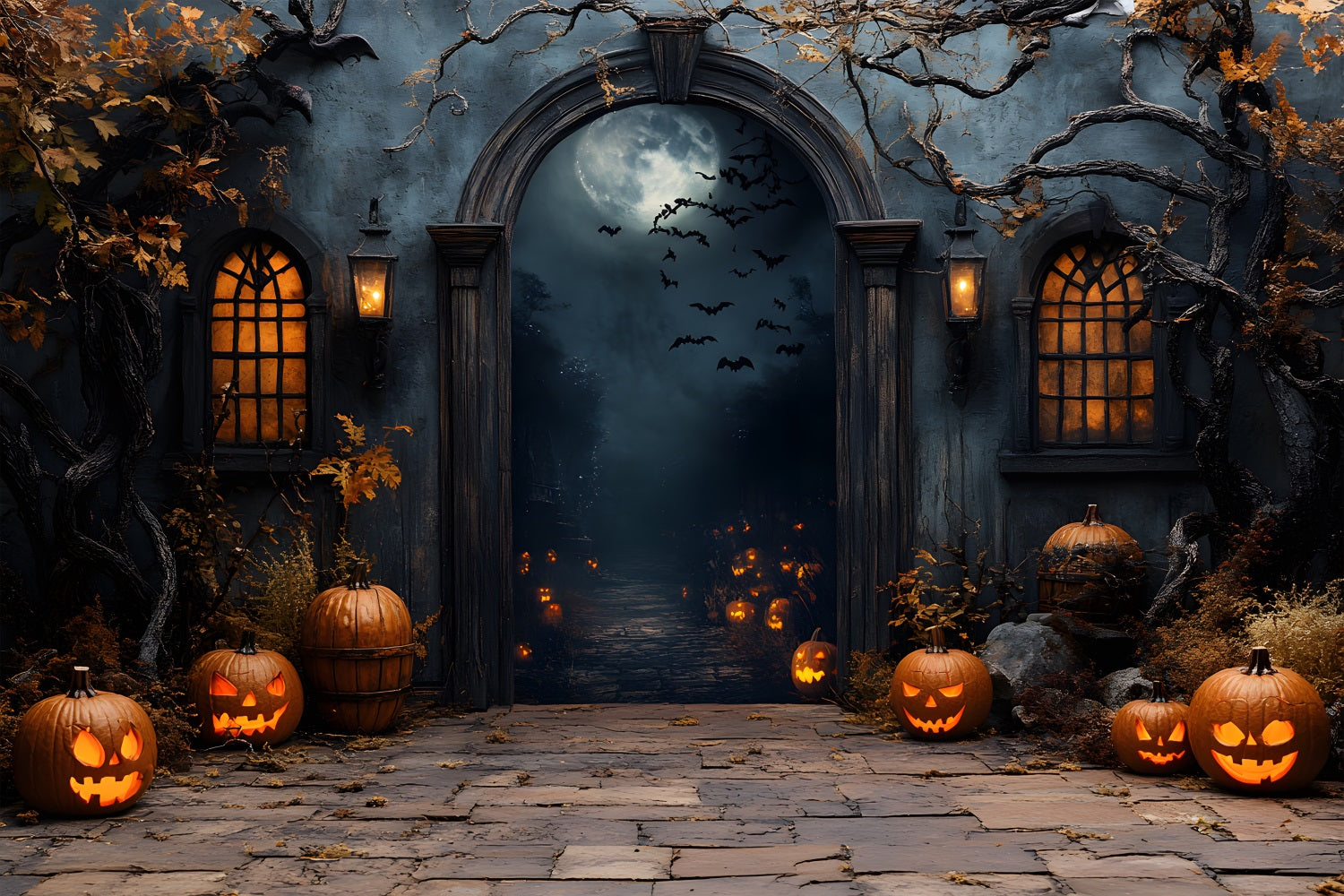 Spooky Halloween Moonlit Haunted Gate Garage Door Backdrop GQ67-30