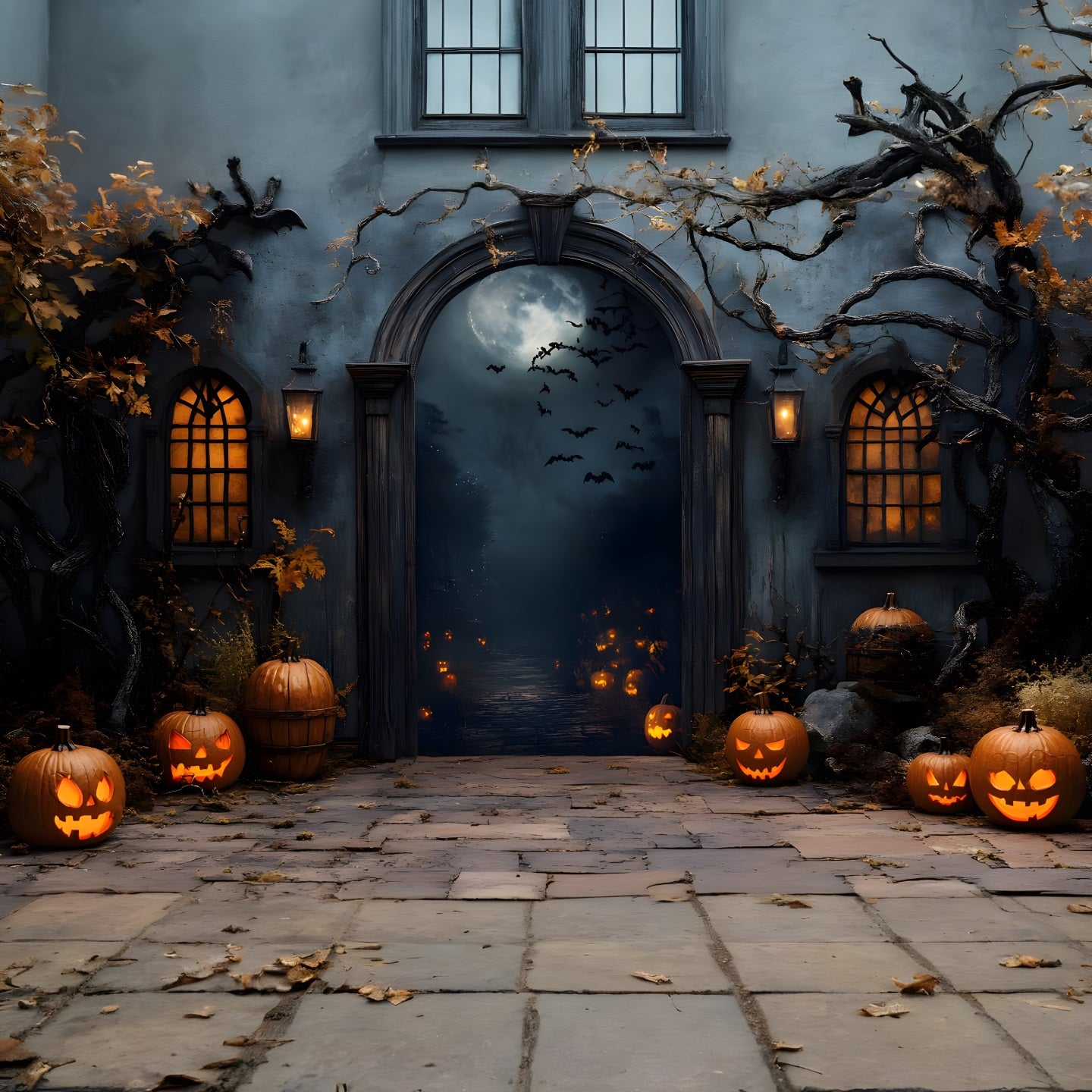 Spooky Halloween Moonlit Haunted Gate Garage Door Backdrop GQ67-30