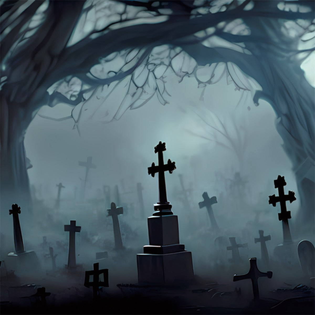 Scary Halloween Foggy Cross Tombstones Garage Door Backdrop GQ67-33