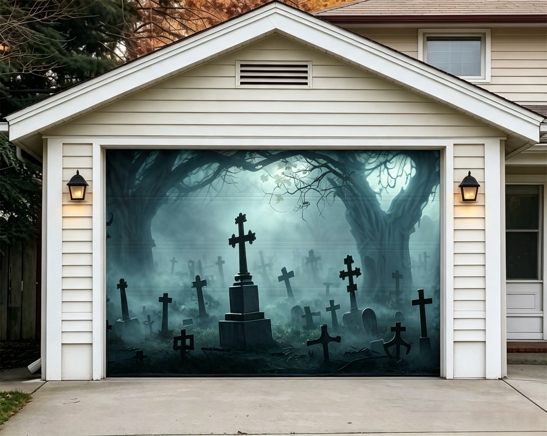 Scary Halloween Foggy Cross Tombstones Garage Door Backdrop GQ67-33-1 car