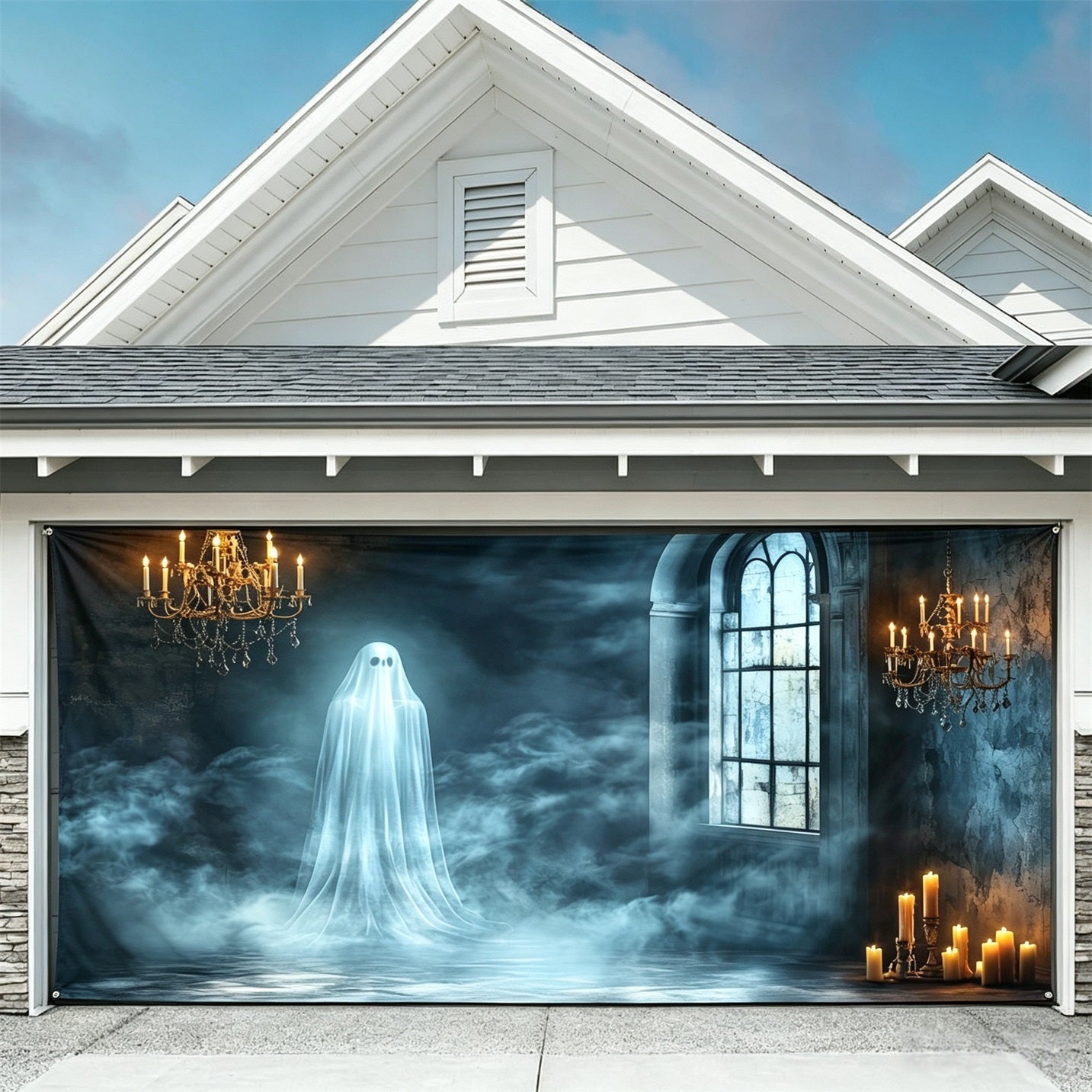 Halloween Ghost Haunted Mansion Backdrop Garage Door Cover GQ67-36