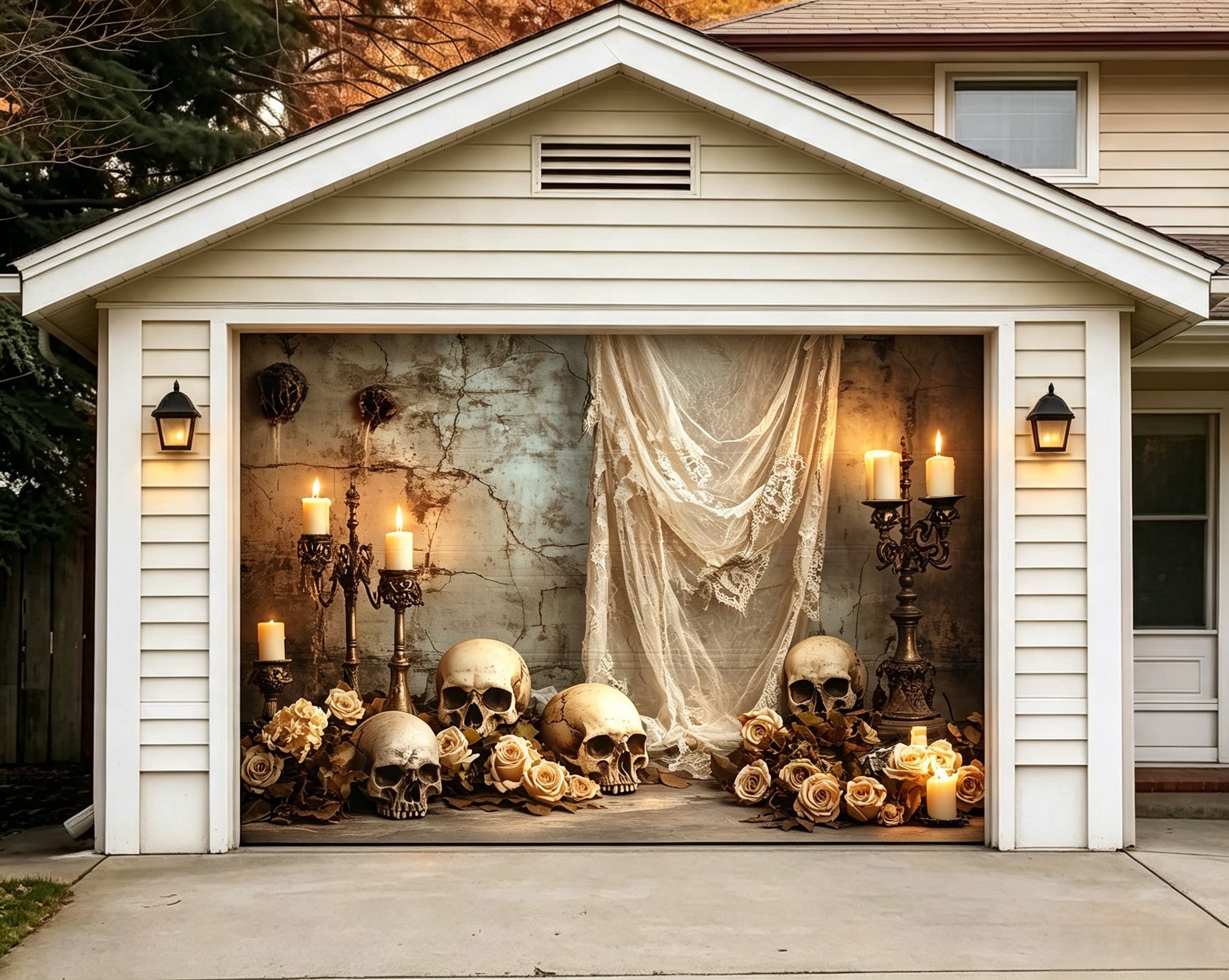 Spooky Halloween Skull Rose Cemetery Garage Door Decor Backdrop GQ67-37-1 car
