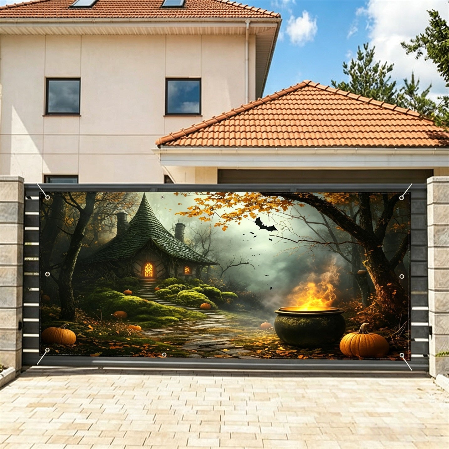 Halloween Witch Cauldron Woodland Cottage Garage Door Backdrop GQ67-40