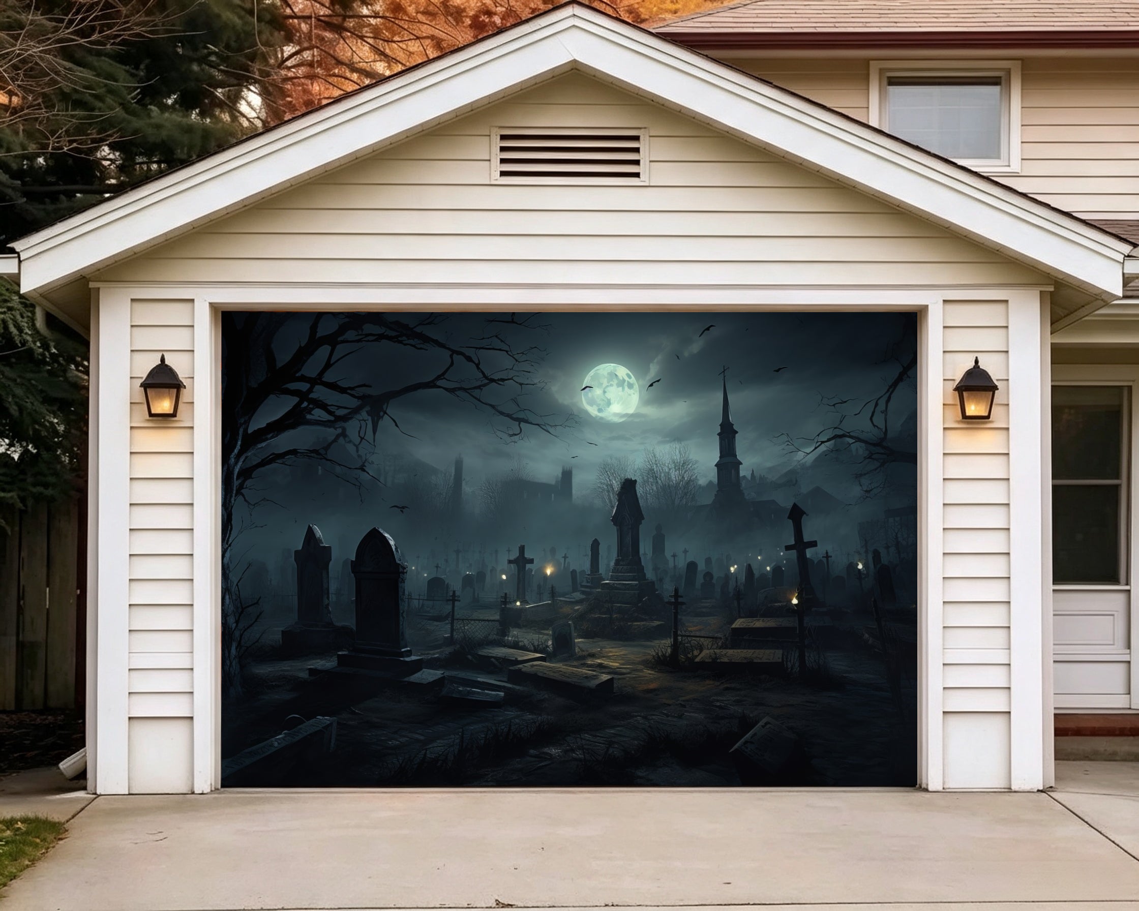 Halloween Moonlit Skeleton Graveyard Backdrop Garage Door Banner GQ67-44-1 car