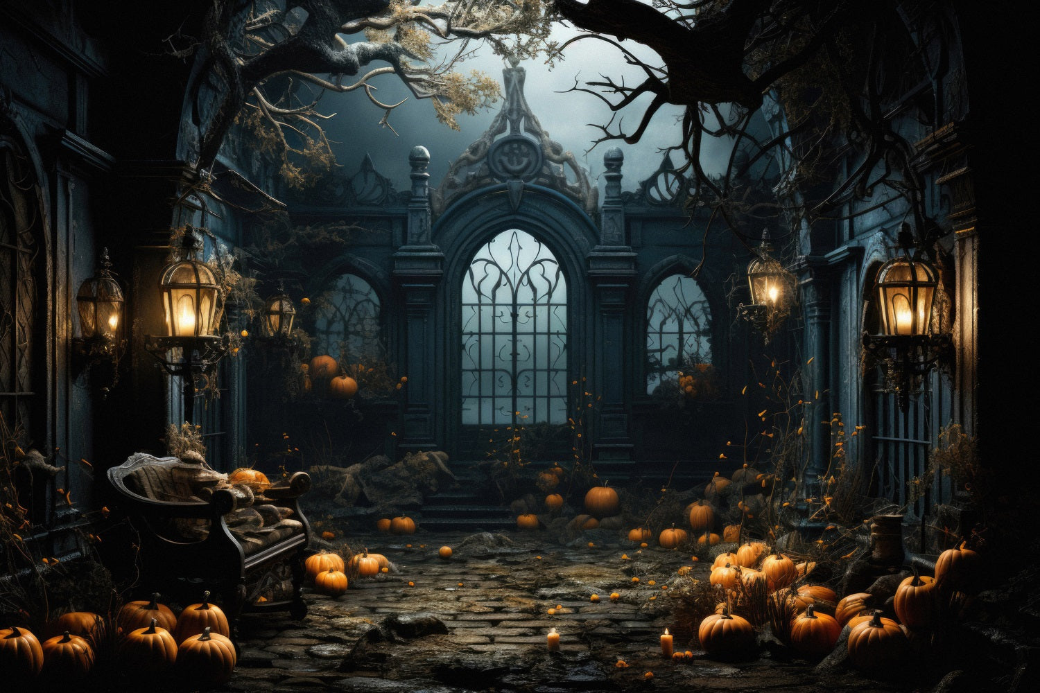 Halloween Pumpkin Gothic Courtyard Gate Garage Door Backdrop GQ67-45