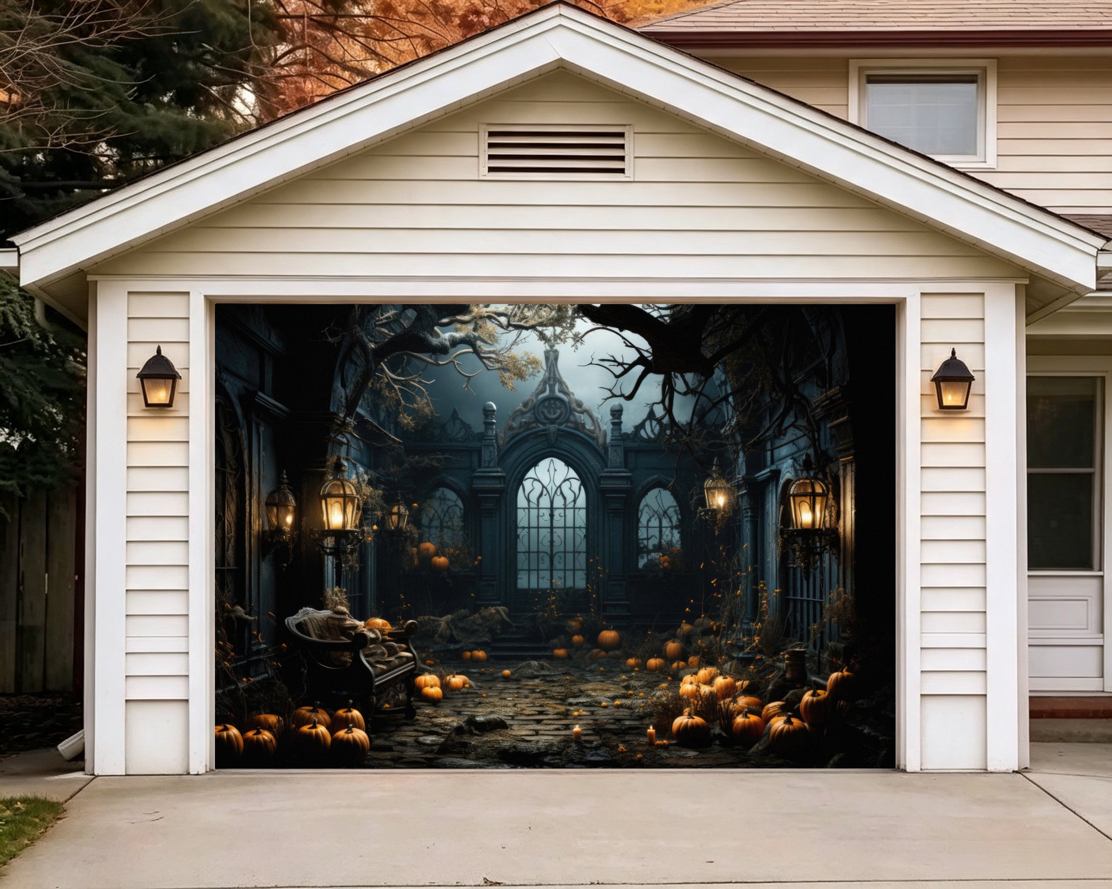 Halloween Pumpkin Gothic Courtyard Gate Garage Door Backdrop GQ67-45-1 car