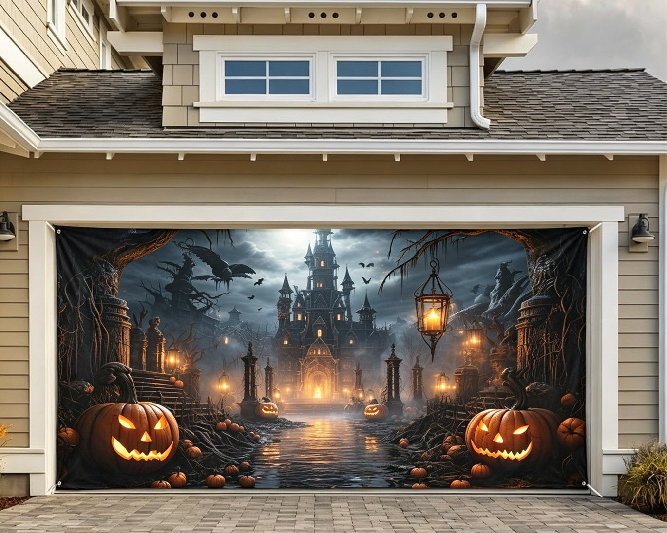 Halloween Lantern Pumpkin Haunted Castle Garage Door Backdrop GQ67-46-2 car