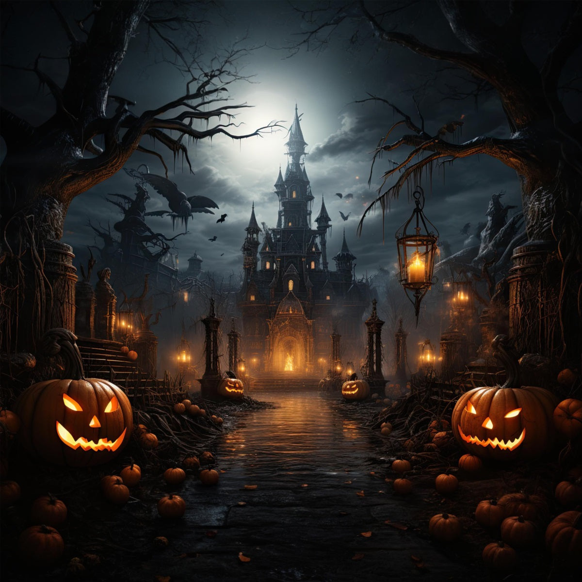 Halloween Lantern Pumpkin Haunted Castle Garage Door Backdrop GQ67-46
