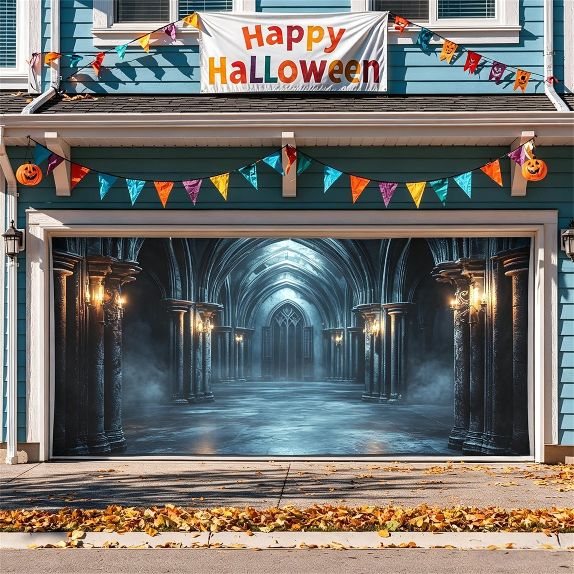 Scary Halloween Foggy Gothic Cathedral Corridor Garage Door Backdrop GQ67-49