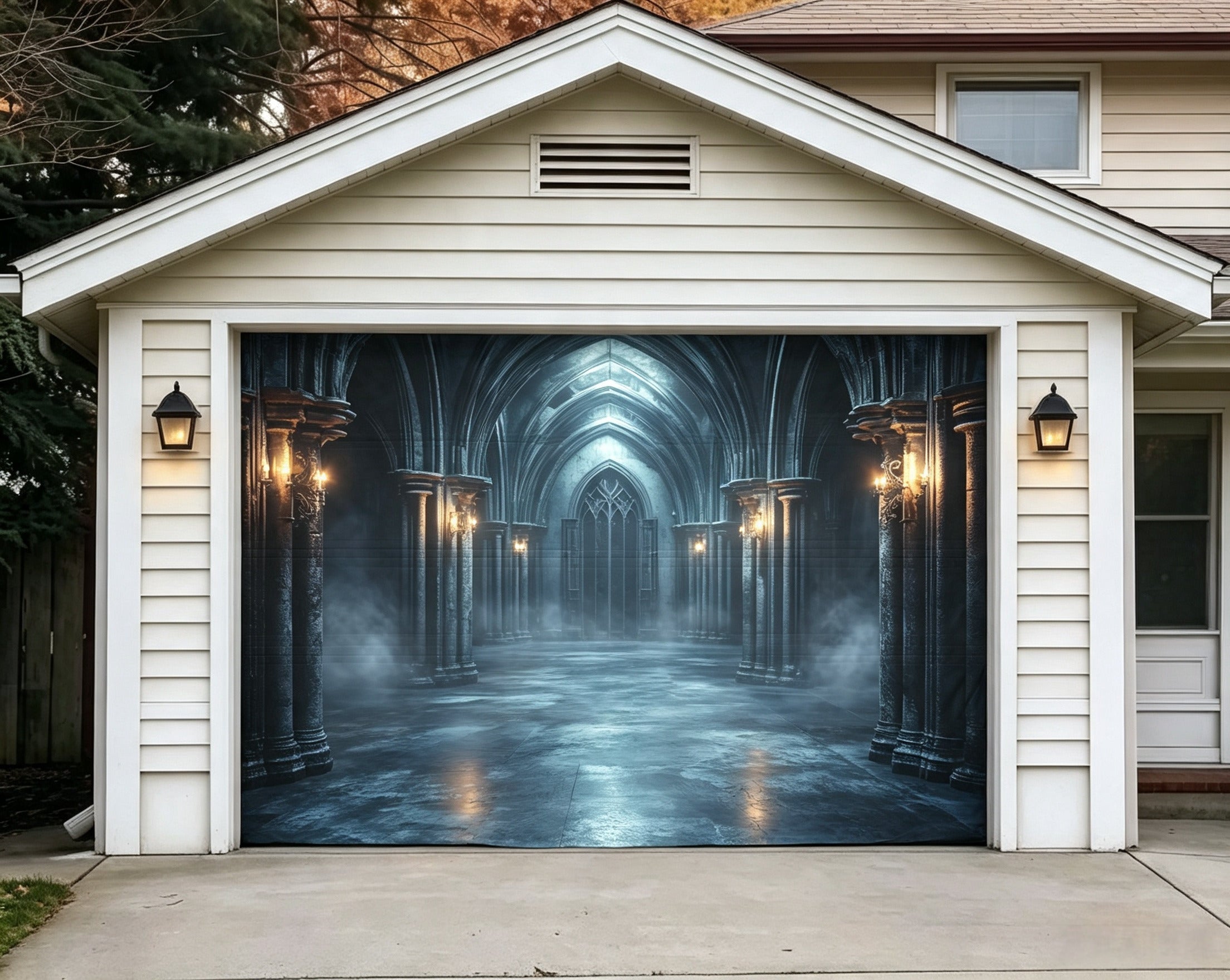 Scary Halloween Foggy Gothic Cathedral Corridor Garage Door Backdrop GQ67-49-1 car