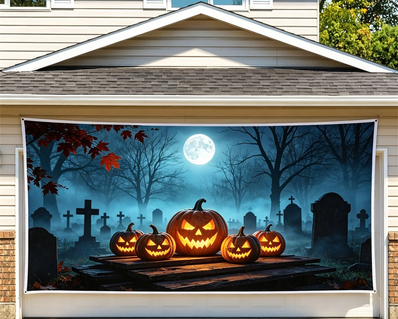 Jack O Lantern Garage Door Cover Moonlit Pumpkin Graveyard Halloween Garage Door Banner GQ67-52-2 car