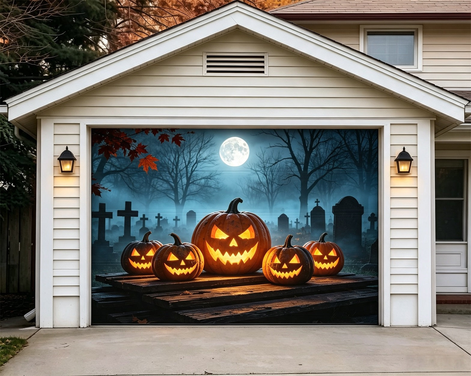 Jack O Lantern Garage Door Cover Moonlit Pumpkin Graveyard Halloween Garage Door Banner GQ67-52-1 car