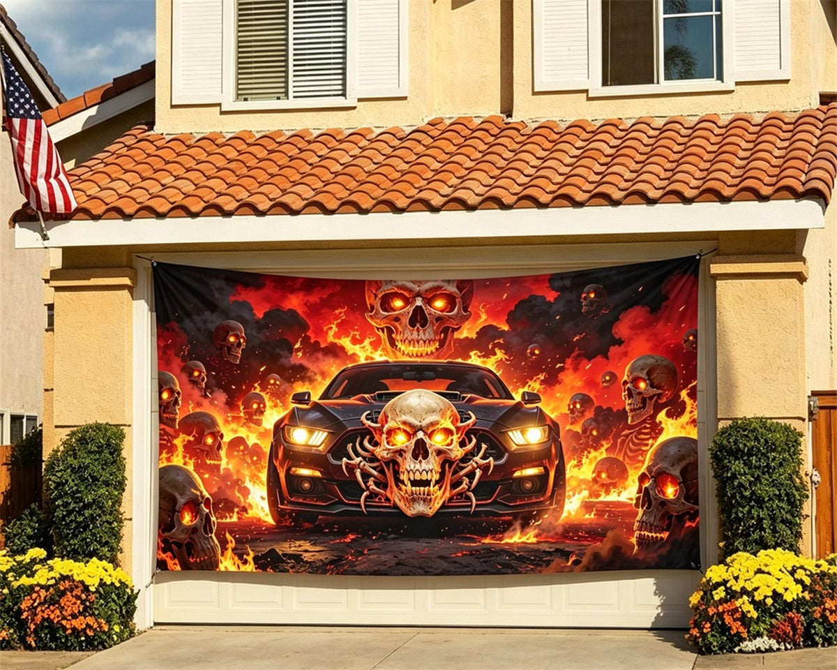 Skull Halloween Garage Door Decor Flaming Muscle Car Halloween Garage Decorations GQ67-54-2 car
