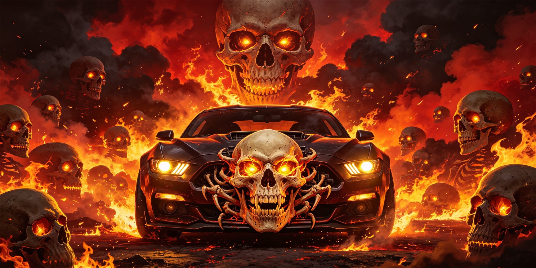 Skull Halloween Garage Door Decor Flaming Muscle Car Halloween Garage Decorations GQ67-54-2 car