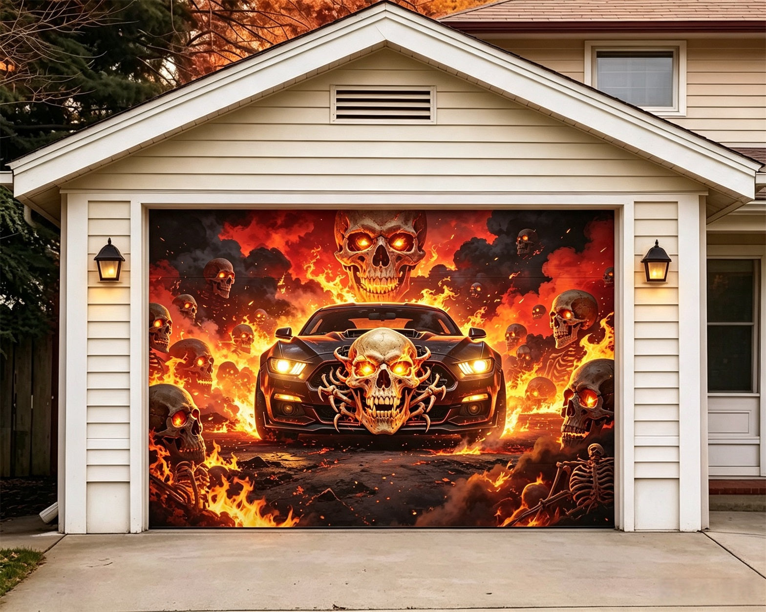 Skull Halloween Garage Door Decor Flaming Muscle Car Halloween Garage Decorations GQ67-54-1 car