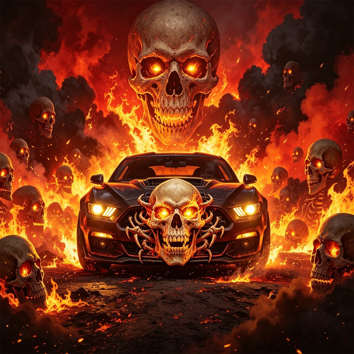 Skull Halloween Garage Door Decor Flaming Muscle Car Halloween Garage Decorations GQ67-54-1 car