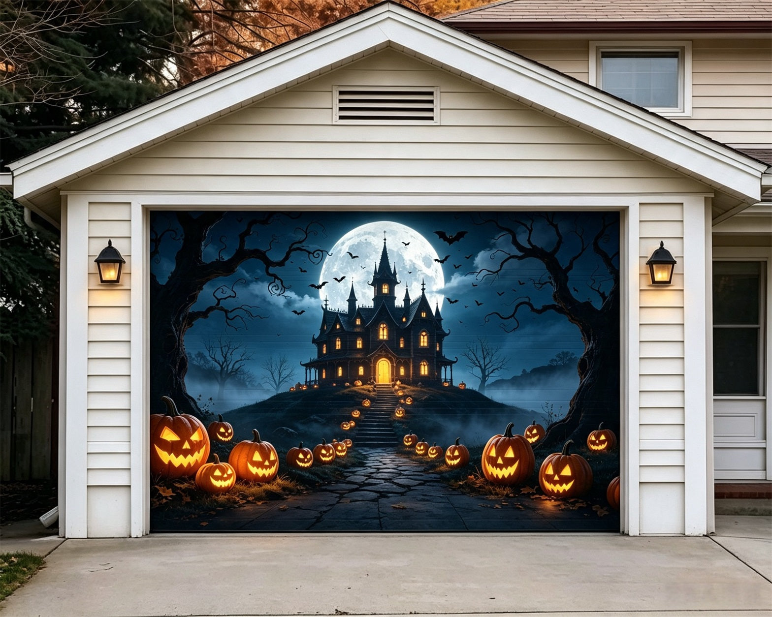 Haunted House Garage Door Banner Moonlit Pumpkin Mansion Halloween Garage Decorations GQ67-55-1 car
