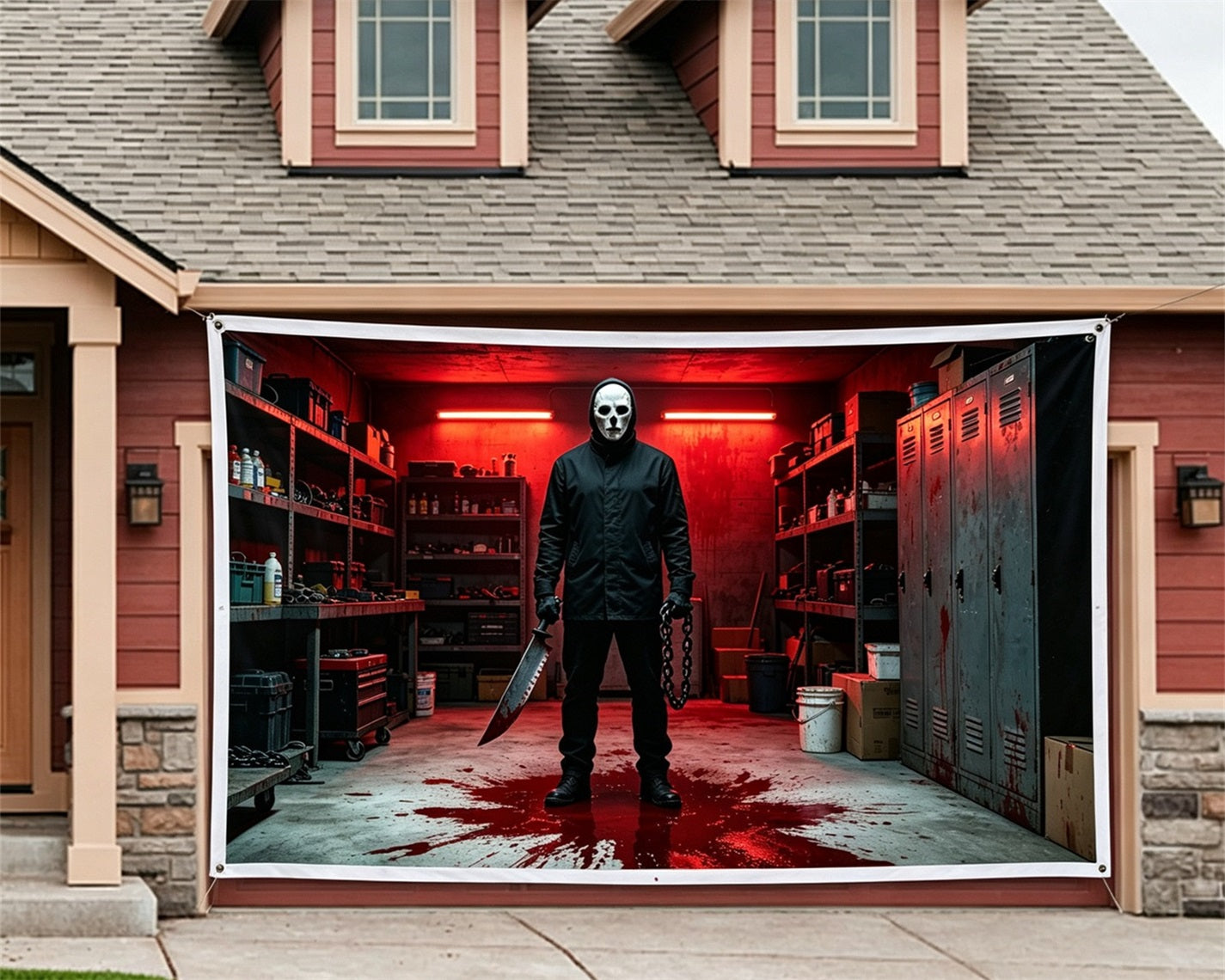 Gothic Halloween Garage Door Cover Masked Killer Workshop Halloween Outdoor Garage Decorations GQ67-56-2 car