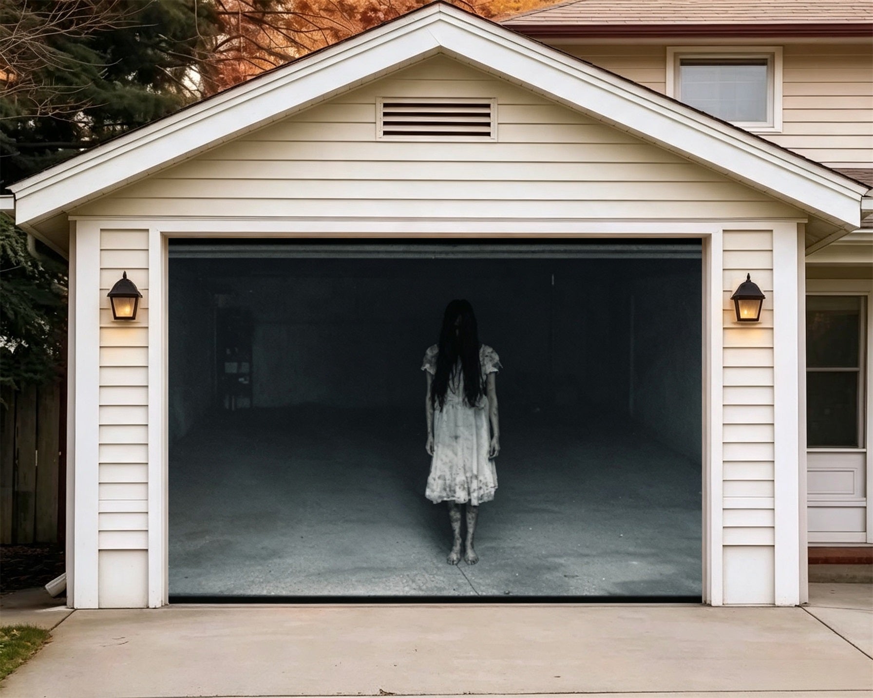 Spooky Halloween Garage Door Cover Ghostly Girl Corridor Halloween House Garage Decorations GQ67-57-1 car