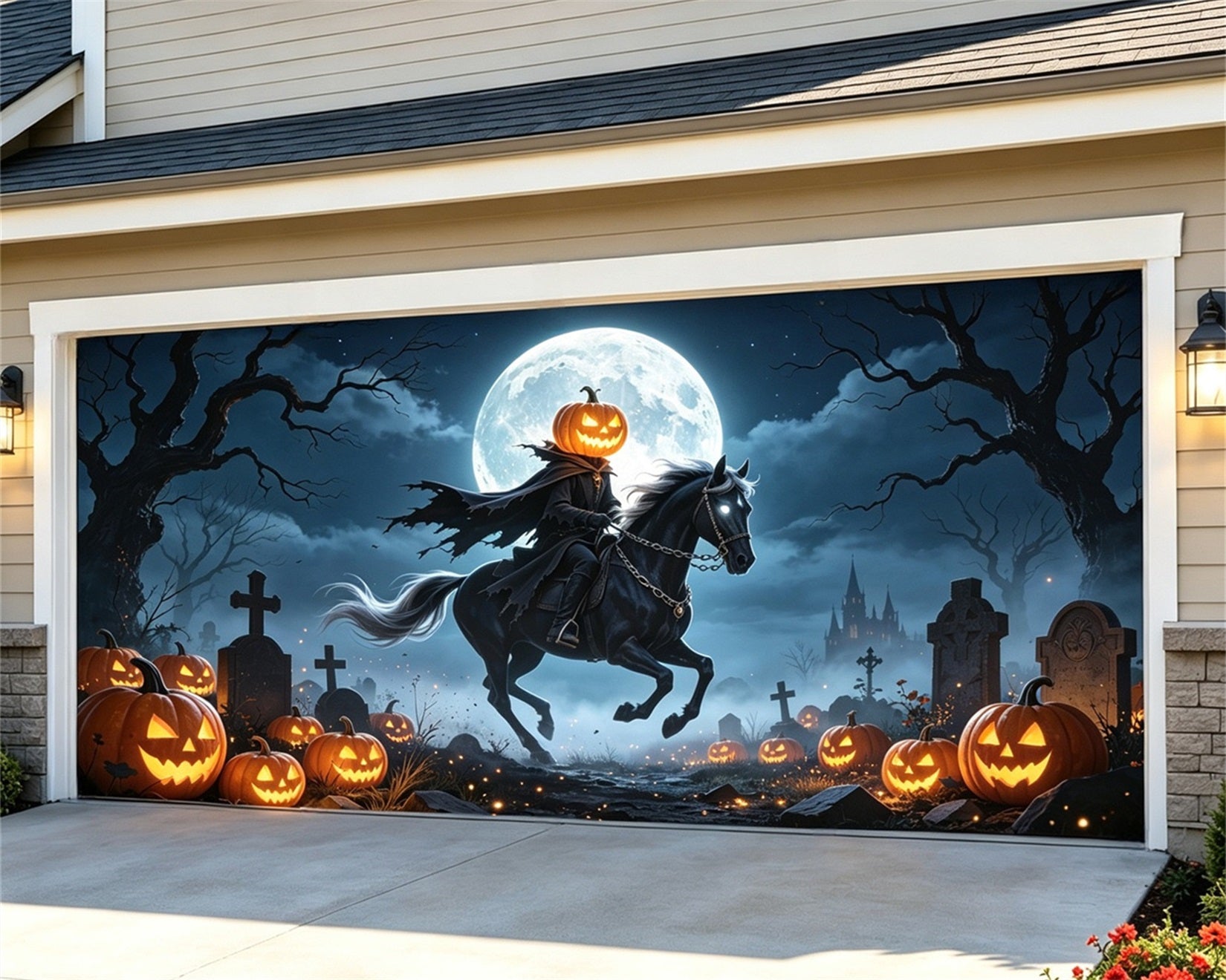 Moonlight Halloween Garage Door Banner Pumpkin Horseman Graveyard Halloween Garage Door Decorations GQ67-59-2 car