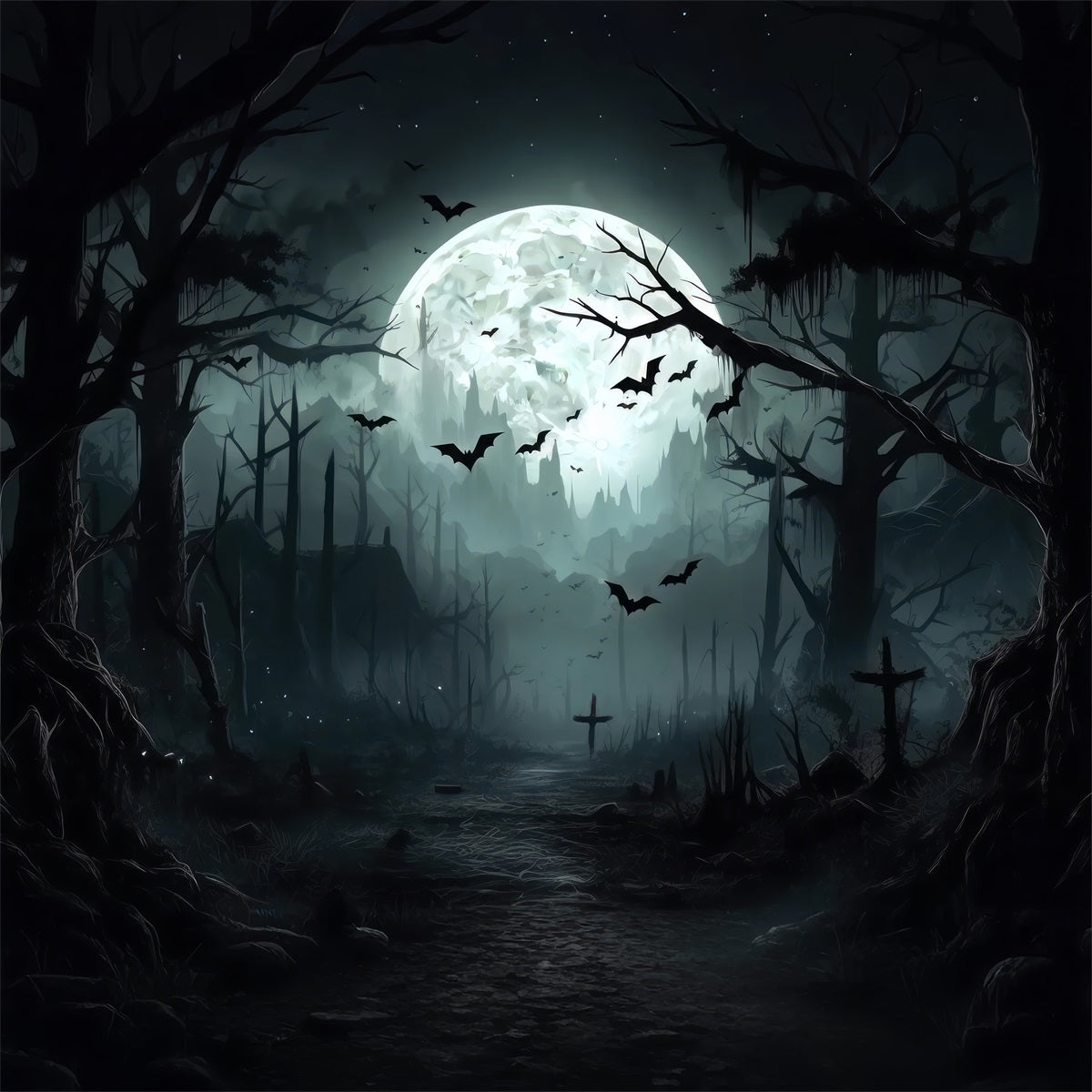 Halloween Forest Backdrop Moonlit Haunted Graveyard Garage Door Backdrop GQ67-6