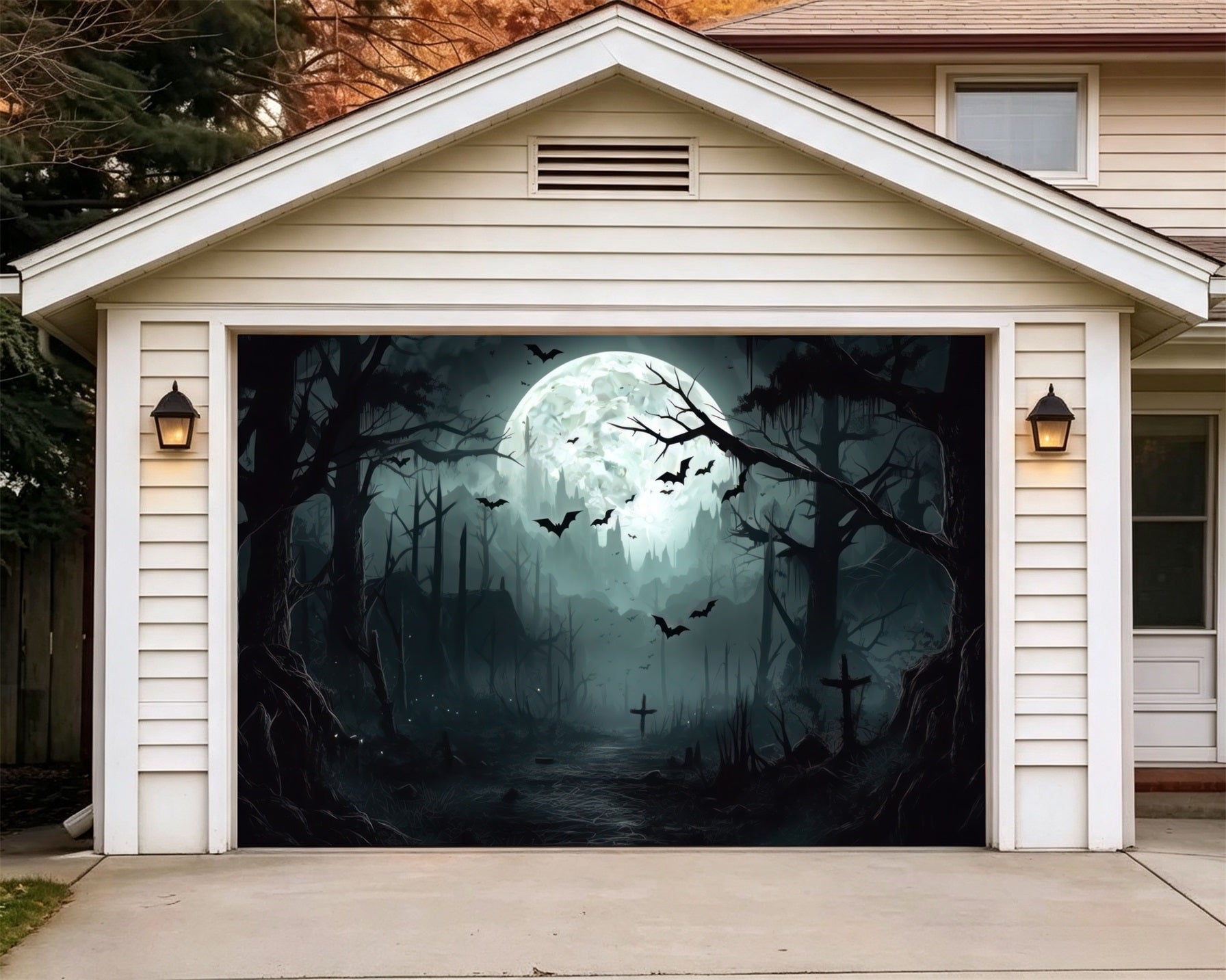 Halloween Forest Backdrop Moonlit Haunted Graveyard Garage Door Backdrop GQ67-6-1 car