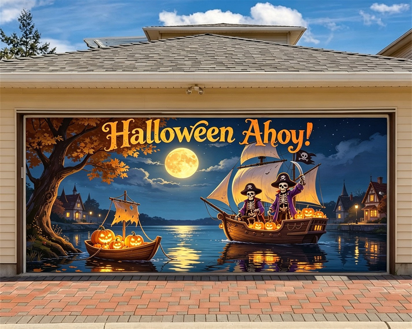 Pumpkin Halloween Garage Door Banner Skeleton Pirate Voyage Halloween Garage Door Decor GQ67-65-2 car
