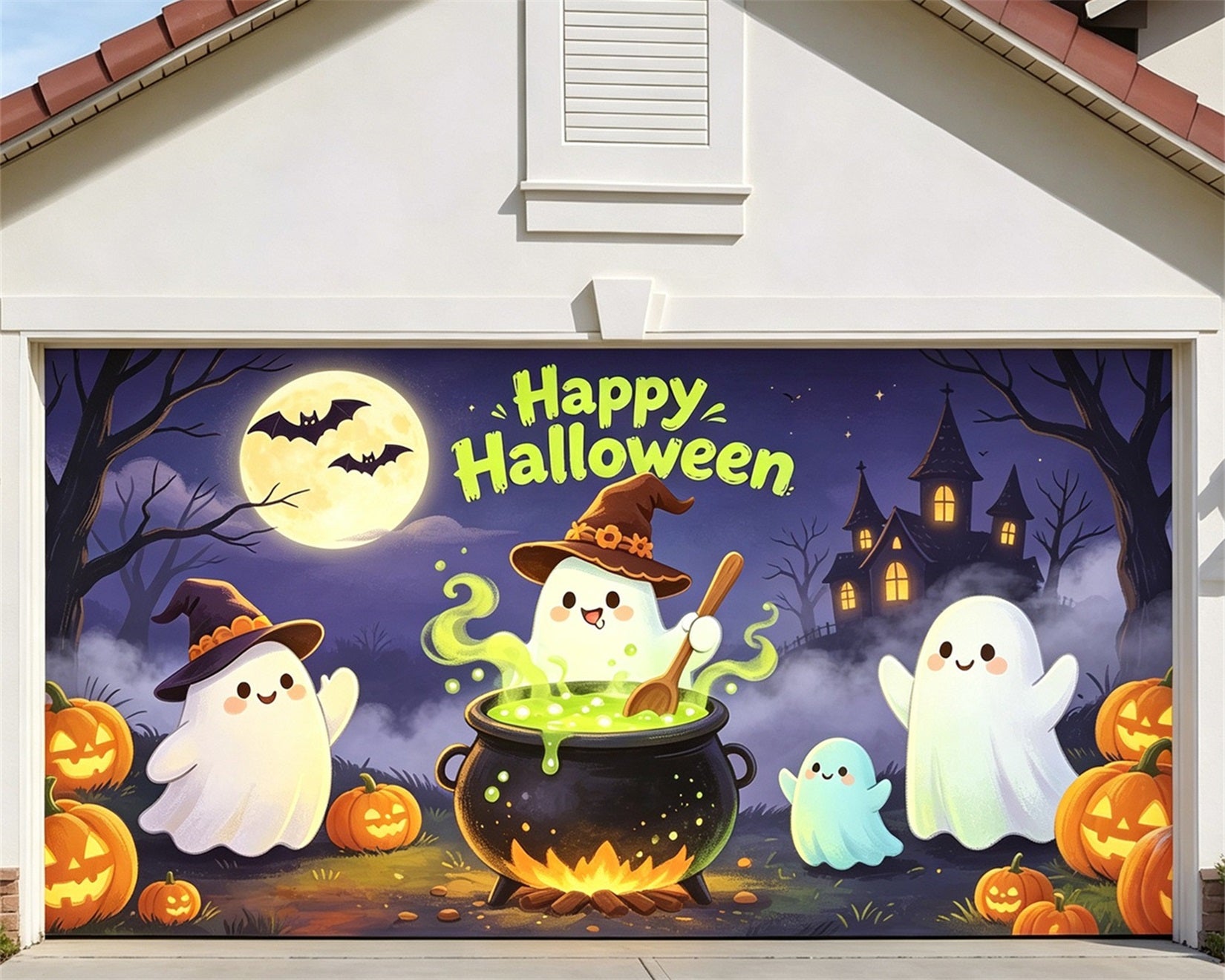 Ghost Halloween Garage Door Cover Cheerful Cauldron Party Halloween Garage Door Decoration GQ67-67-2 car